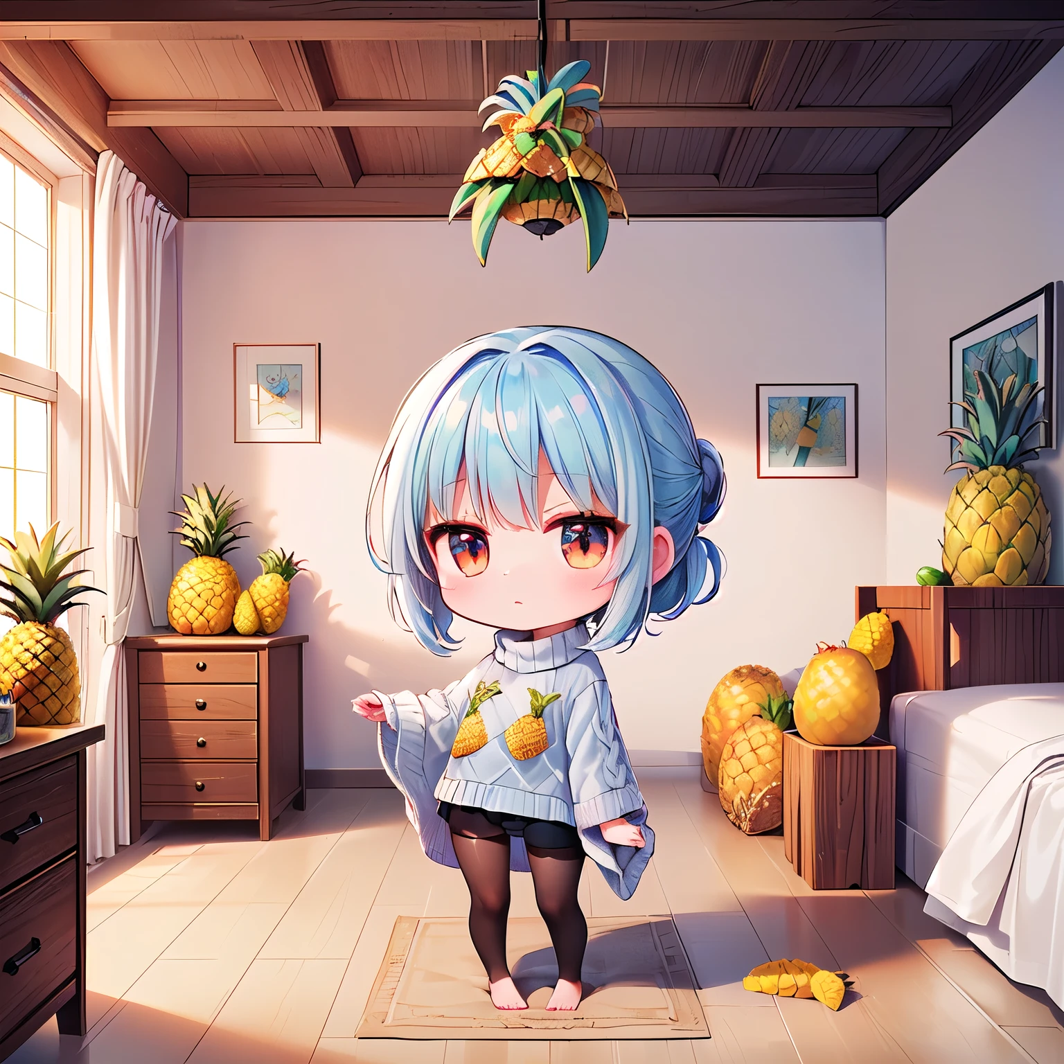 (Chibi, Pineapple, one girl: 1.4), (Masterpiece, almond-shaped eyes, glossy white-blue hair, short chignon hair, top quality, carefully drawn fingertips, beautiful anatomy,, full body : 1.4), (Tasteful Colored pencil hand-drawn picture: 1.3), (Red cheeks, indifference, no expression, hair blowing in the wind: 1.2), (Slim and warm clothes, baggy clothes, fluffy sweater one piece, Celebrity Lifestyle, Black Tights, take off, poncho ,bere foot: 1.2), (Elegant Holy morning: 1.3), (very spacious bedroom, ornamental plants, leaning on your elbows and looking at the scenery, Pineapple Building, super gorgeous live view :1.3)