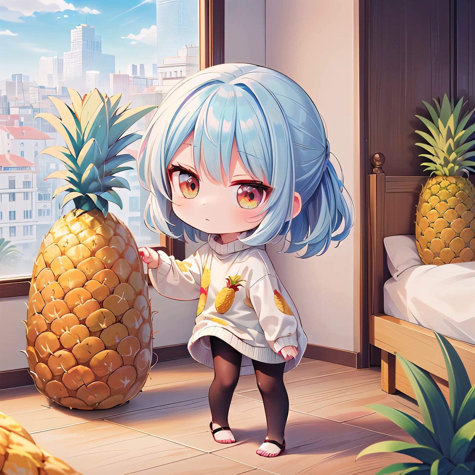 (Chibi, Pineapple, one girl: 1.4), (Masterpiece, almond-shaped eyes, glossy white-blue hair, short chignon hair, top quality, carefully drawn fingertips, beautiful anatomy,, full body : 1.4), (Tasteful Colored pencil hand-drawn picture: 1.3), (Red cheeks, indifference, no expression, hair blowing in the wind: 1.2), (Slim and warm clothes, baggy clothes, fluffy sweater one piece, Celebrity Lifestyle, Black Tights, take off, poncho ,bere foot: 1.2), (Elegant Holy morning: 1.3), (very spacious bedroom, ornamental plants, leaning on your elbows and looking at the scenery, Pineapple Building, super gorgeous live view :1.3)