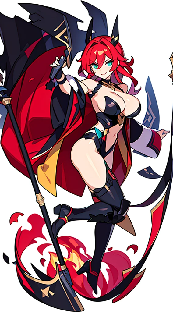 scythe, bare legs, bustier, (((white background))), standing, fantasy clothes, 