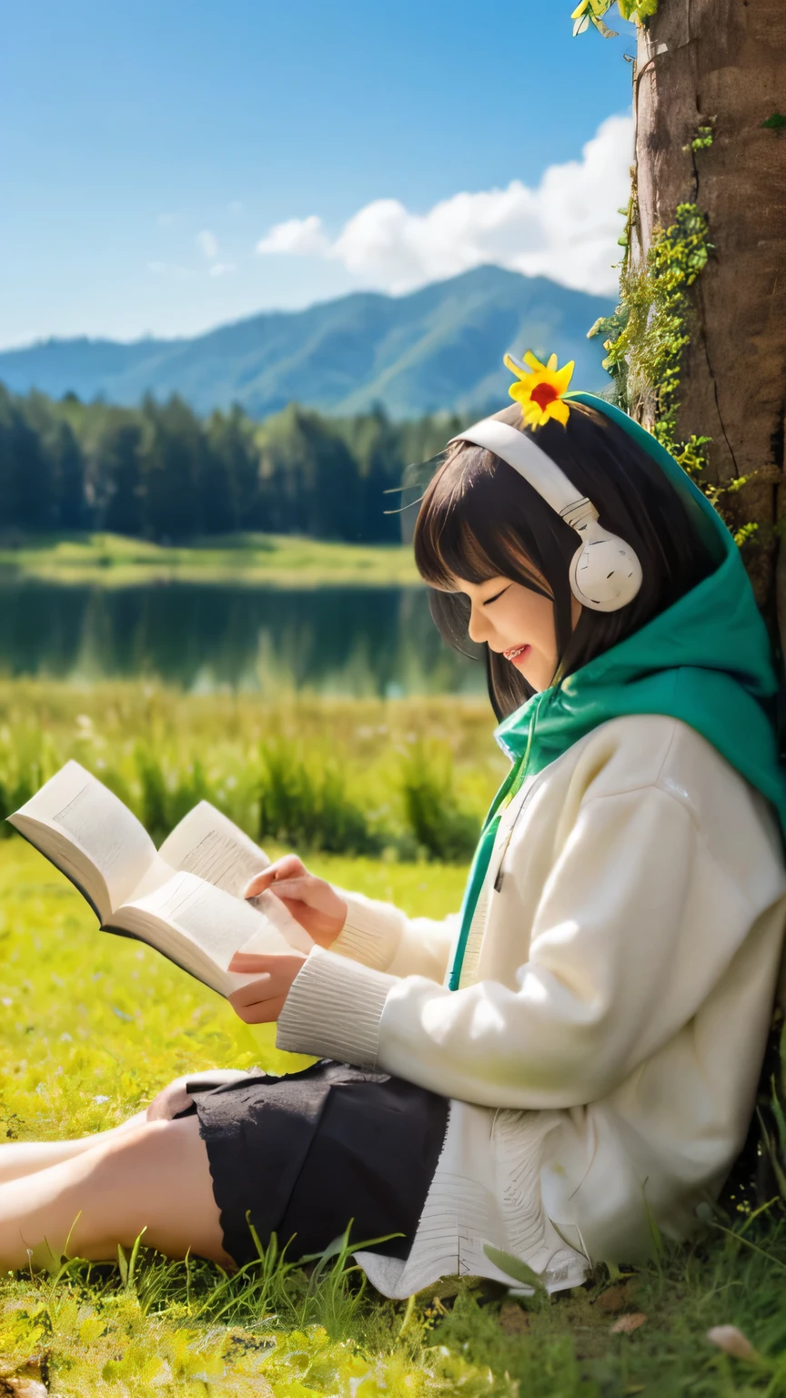 masterpiece, best quality,, 1girl, sitting, animal, animal ears, bird, black_hair, book, bookmark, branch, gloves, grass, green hair, holding, holding book, hood, hood down, leaf, looking at viewer, multicolored hair, open_book, partially fingerless gloves, pen, plant, pouch, quill, reading, sitting, smile, solo, tail, tree, tree stump,, sky, sun, mountain, forest, lake