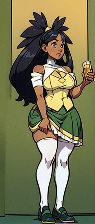 irisB, freckles, beautiful, masterpiece, st-patricks day, full body image, cel shaded, black outlines, holding beer jug, hourglass figure, plump breasts, plump hips, plump thighs, irish, large eyes, curly hair, rounded hair, long hair, nose, thick eyelashes, bare shoulders, white 1800's top, golden necklace, white skirt, green waist length sleeveless sweater, green corset with yellow string, white socks, black ballet shoes, eggshell white high socks, white thigh high stockings, freckles