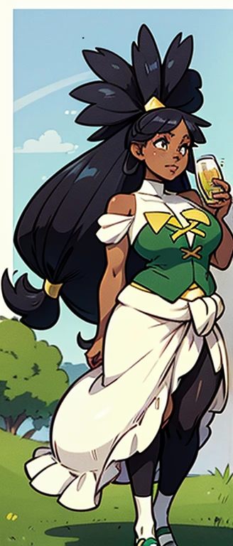irisB, freckles, beautiful, masterpiece, st-patricks day, full body image, cel shaded, black outlines, holding beer jug, hourglass figure, plump breasts, plump hips, plump thighs, irish, large eyes, curly hair, rounded hair, long hair, nose, thick eyelashes, bare shoulders, white 1800's top, golden necklace, white skirt, green waist length sleeveless sweater, green corset with yellow string, white socks, black ballet shoes, eggshell white high socks, white thigh high stockings, freckles