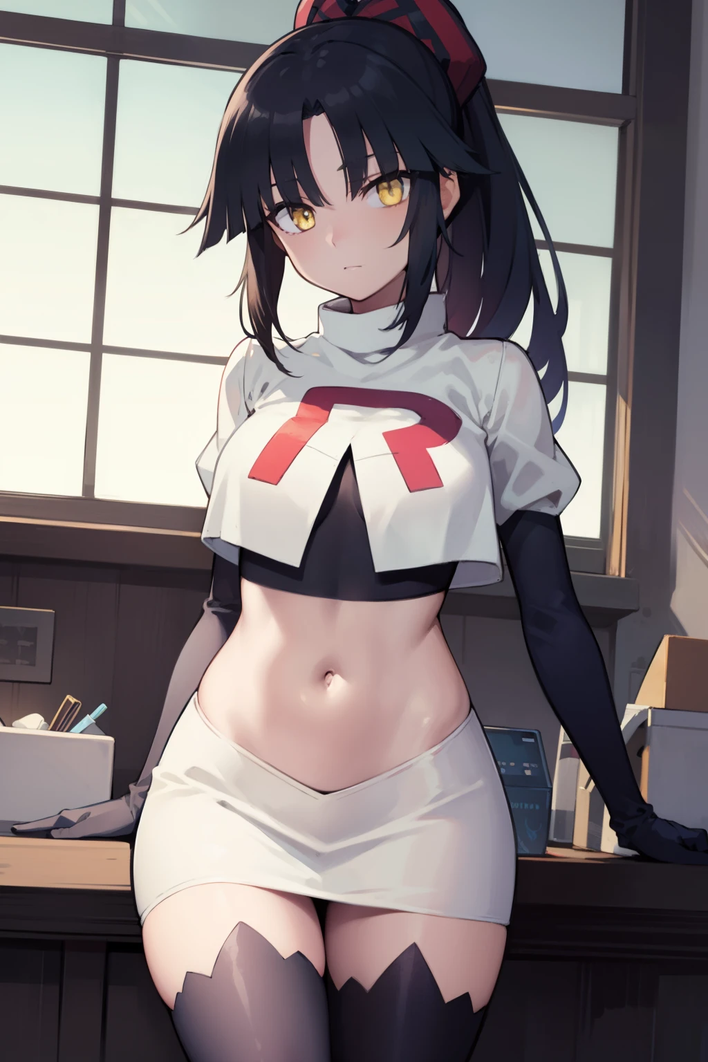 danzoukatou, danzou katou, android, black hair, long hair, ponytail, (yellow eyes:1.5),
BREAK team rocket,team rocket uniform,white skirt,red letter R,crop top,black thigh-highs,black elbow gloves, 
BREAK looking at viewer,
BREAK (masterpiece:1.2), best quality, high resolution, unity 8k wallpaper, (illustration:0.8), (beautiful detailed eyes:1.6), extremely detailed face, perfect lighting, extremely detailed CG, (perfect hands, perfect anatomy),