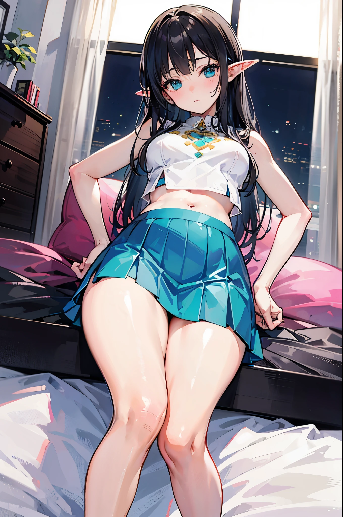 Detail image, realistic image, 1 elf. She has long black hair, beautiful turquoise eyes, has a delicate oval face, small breasts and a curvaceous body, thick thighs. she is blushing, She is wearing a crop top, pleated mini micro skirt, moccasin slippers. sitting,,, arched back, view from below. on top of a bed, bottom of a room.