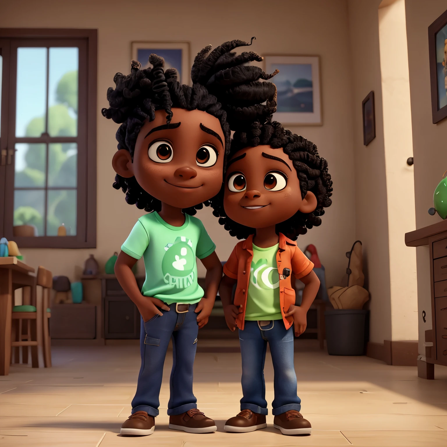 personagem 3D, dois amigos homens, hugging side by side, looking at “photo” of one of the men, moreno, cabelo liso preto, com olhos pretos, que usa oculos de grau do estilo quadrado bonito, alto vestindo um traje de camisa azul, magro, cabelo preto liso e com penteado para o lado, olhos pretos, lindos grandes olhos reflexivos circulares. THE OTHER FRIEND is also dark-skinned but darker, ambos tem a mesma altura olhos pretos, magro, com um bigode vestindo uma camiseta preta com detalhes verde, your hair is curly like the will smith style (estilo pixar:1.2), (CGI animation: 1.2), (Disney: 1.2), (desenho animado: 0.2), (melhor qualidade, obra de arte, 4k, ultra detalhado, sharp focus, 8k, High definition:1.2), (por Danny Mac 3D, por Follygon), (obra de arte: 1.2), absurdos