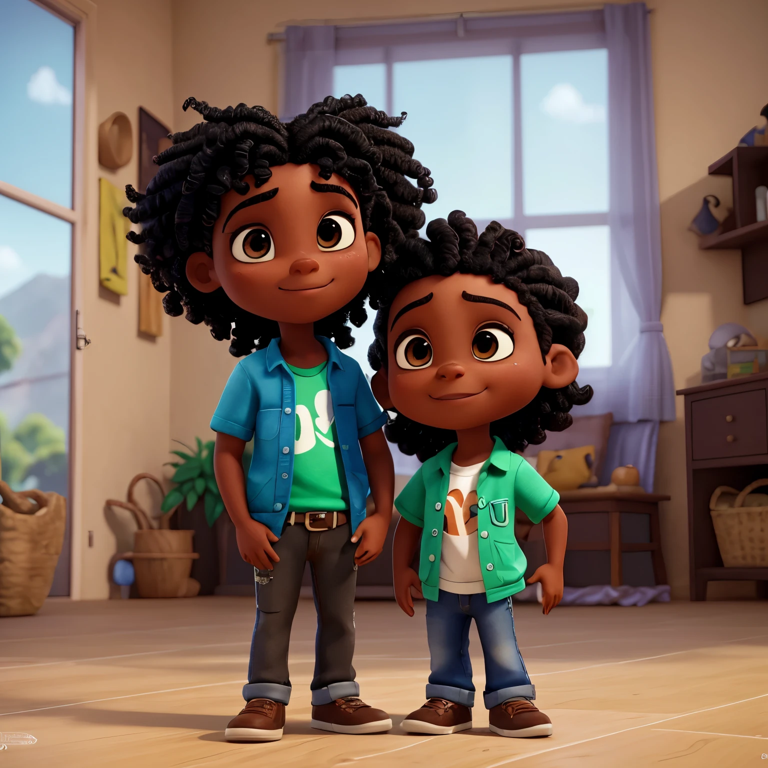 personagem 3D, dois amigos homens, hugging side by side, looking at “photo” of one of the men, moreno, cabelo liso preto, com olhos pretos, que usa oculos de grau do estilo quadrado bonito, alto vestindo um traje de camisa azul, magro, cabelo preto liso e com penteado para o lado, olhos pretos, lindos grandes olhos reflexivos circulares. THE OTHER FRIEND is also dark-skinned but darker, ambos tem a mesma altura olhos pretos, magro, com um bigode vestindo uma camiseta preta com detalhes verde, your hair is curly like the will smith style (estilo pixar:1.2), (CGI animation: 1.2), (Disney: 1.2), (desenho animado: 0.2), (melhor qualidade, obra de arte, 4k, ultra detalhado, sharp focus, 8k, High definition:1.2), (por Danny Mac 3D, por Follygon), (obra de arte: 1.2), absurdos