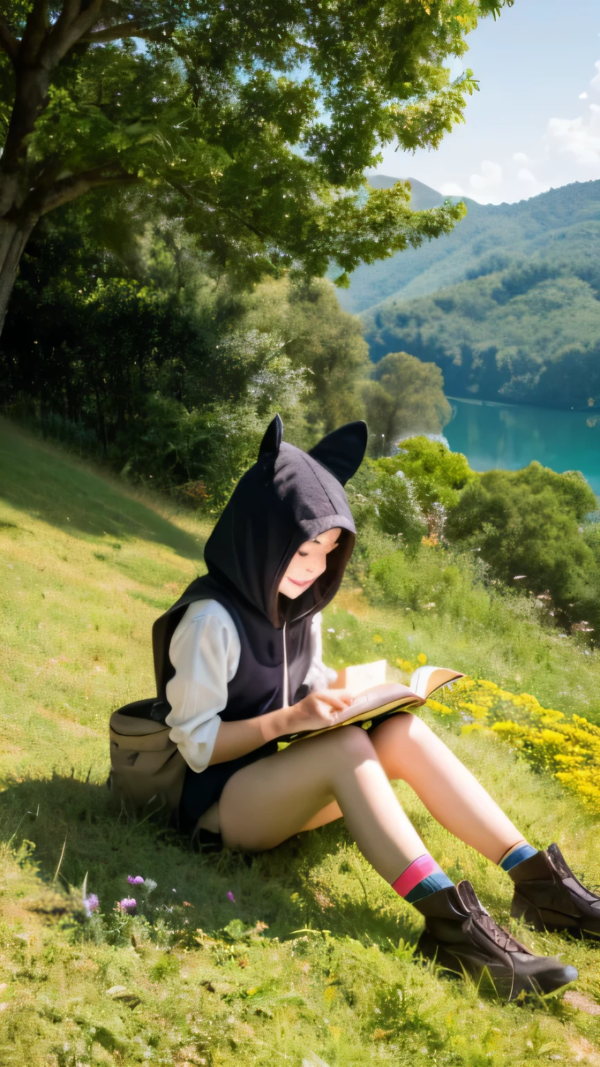 masterpiece, best quality,, 1girl, sitting, animal, animal ears, bird, black_hair, book, bookmark, branch, gloves, grass, green hair, holding, holding book, hood, hood down, leaf, looking at viewer, multicolored hair, open_book, partially fingerless gloves, pen, plant, pouch, quill, reading, sitting, smile, solo, tail, tree, tree stump,, sky, sun, mountain, forest, lake