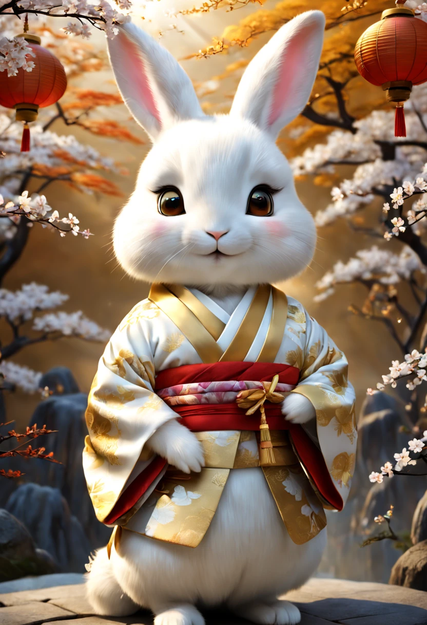 cute white rabbit3D image、wearing a kimono、thinking about something fun、brings happiness、The background is a golden world
