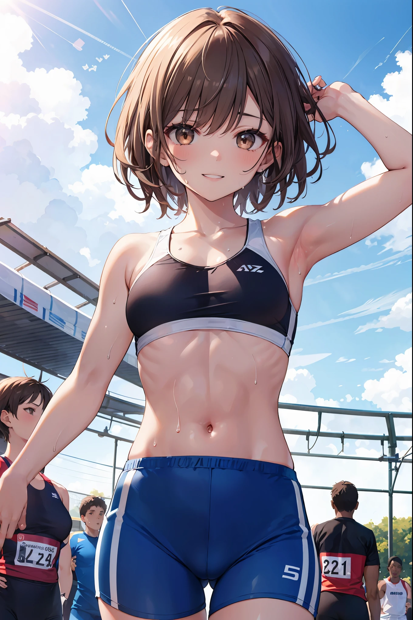 zydG, 1girls, Front view, stand, looking the viewer, exposed skin, (from below),brown-eyed, (brown veryshort hair:1.2), (light hair), (medium breasts:1.4), smile with white teeth, (photorealestic:1.4), (Top image quality:1.0), (UltraHighResolution:1.0), 8K, Raw photography, (A masterpice:0.2), track and field uniforms, show abs, (sweat, wetty:1.1), portlate, facefocus, ful body,(pureerosface_v1:0.5), outdoor, track and field,