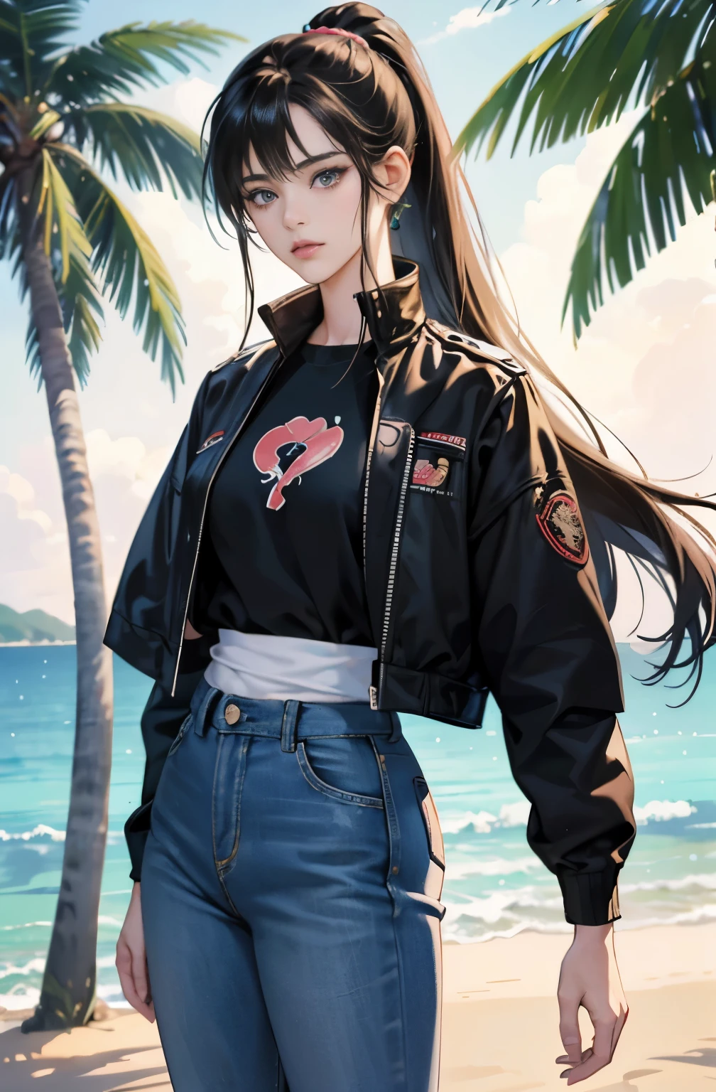 Beautiful woman with long black ponytail, Anime drawing by Yang J, pixiv, serial art, anime style 4 k, anime style. 8K, Gwaites style artwork, Realistic anime 3d style, anime style illustration, high quality anime art style, digital anime illustration, realistic anime art style, anime art style, very colorful, pop feel, in.s. west coast, summer image, coconut tree, seaside, Adult woman around 27 years old, Very sophisticated, It will be, wearing a colorful jacket, Black jeans Tall and skinny supermodel body type, Lofty dream, mysterious, cool beauty, fashion role model, it will happen, Anime drawing by Yang J, Trending at Art station, realism, extremely detailed The germ of art, Realistic anime 3D style, anime style 4 k, モデルまin | The germ of art, anime style. 8K, casual clothes, realistic anime art style, style The germ of art, sharp outline, highest quality, perfect angle, perfect composition, The perfect subject, best shot, official art,CD jacket, 80s city pop, very stylish