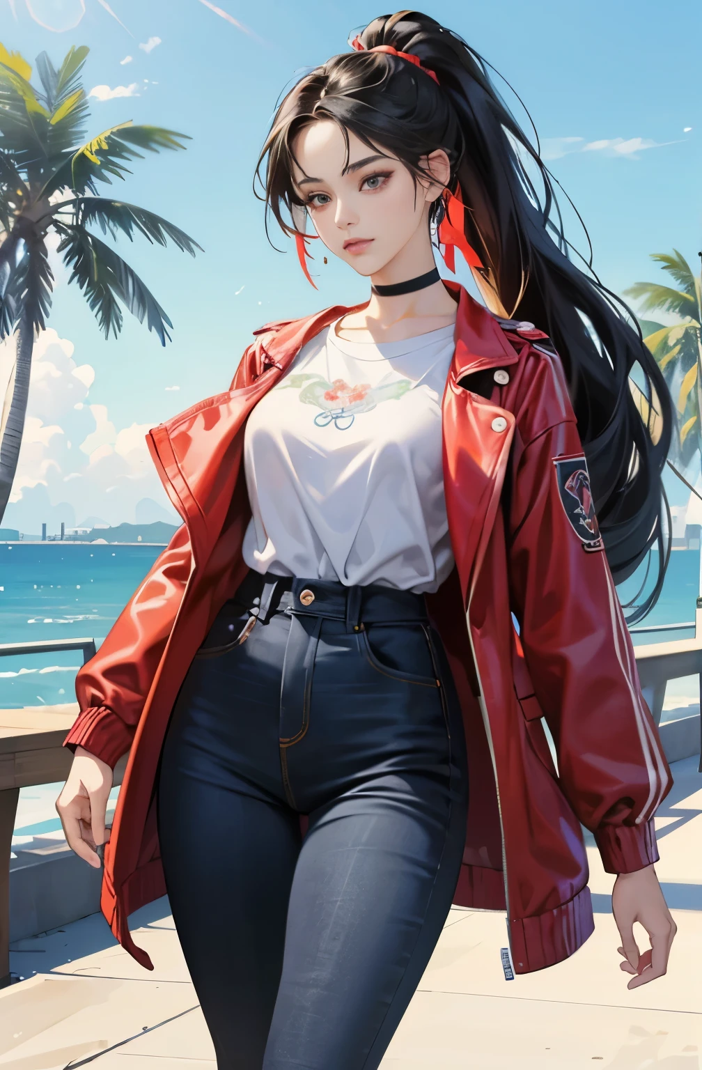 Beautiful woman with long black ponytail, Anime drawing by Yang J, pixiv, serial art, anime style 4 k, anime style. 8K, Gwaites style artwork, Realistic anime 3d style, anime style illustration, high quality anime art style, digital anime illustration, realistic anime art style, anime art style, very colorful, pop feel, in.s. west coast, summer image, coconut tree, seaside, Adult woman around 27 years old, Very sophisticated, It will be, wearing a colorful jacket, Black jeans Tall and skinny supermodel body type, Lofty dream, mysterious, cool beauty, fashion role model, it will happen, Anime drawing by Yang J, Trending at Art station, realism, extremely detailed The germ of art, Realistic anime 3D style, anime style 4 k, モデルまin | The germ of art, anime style. 8K, casual clothes, realistic anime art style, style The germ of art, sharp outline, highest quality, perfect angle, perfect composition, The perfect subject, best shot, official art,CD jacket, 80s city pop, very stylish
