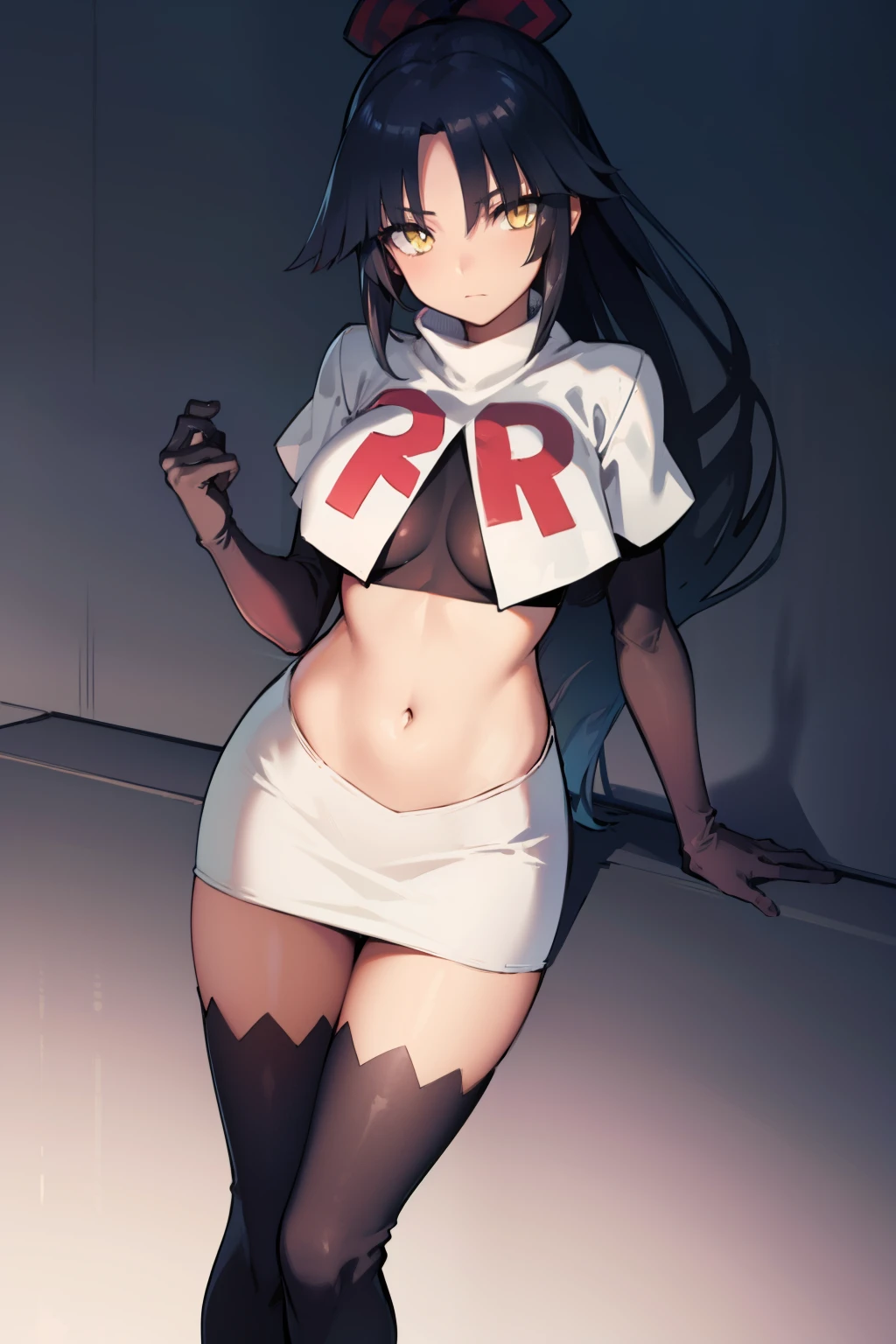 danzoukatou, danzou katou, android, black hair, long hair, ponytail, (yellow eyes:1.5),
BREAK team rocket,team rocket uniform,white skirt,red letter R,crop top,black thigh-highs,black elbow gloves, 
BREAK looking at viewer,
BREAK (masterpiece:1.2), best quality, high resolution, unity 8k wallpaper, (illustration:0.8), (beautiful detailed eyes:1.6), extremely detailed face, perfect lighting, extremely detailed CG, (perfect hands, perfect anatomy),