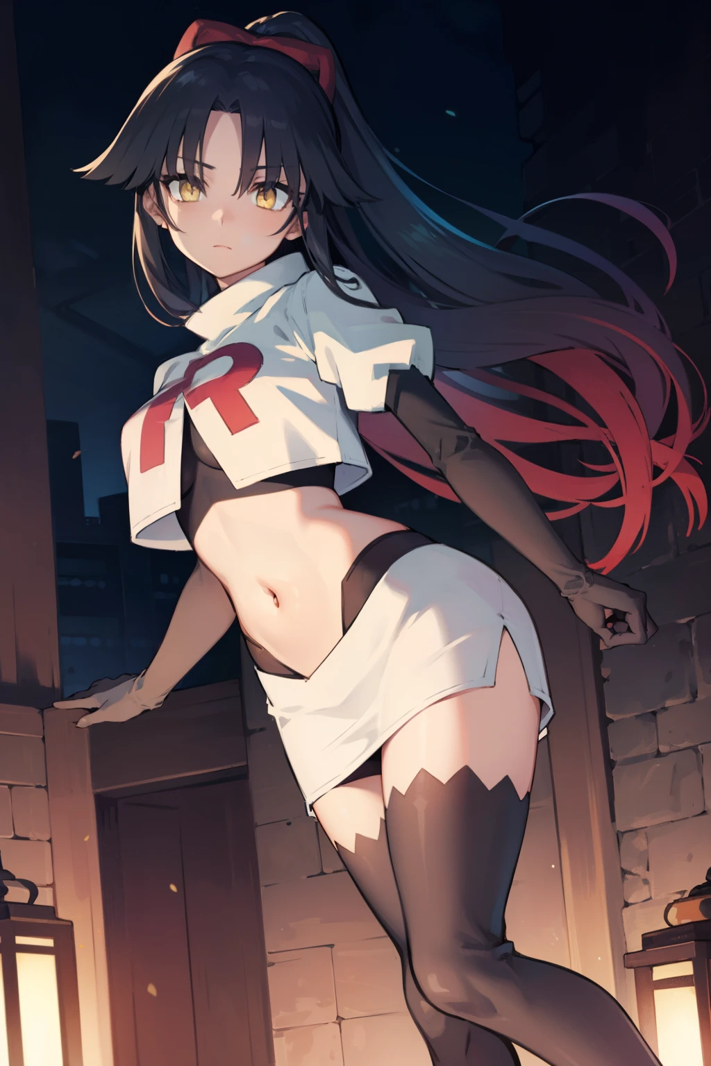 danzoukatou, danzou katou, android, black hair, long hair, ponytail, (yellow eyes:1.5),
BREAK team rocket,team rocket uniform,white skirt,red letter R,crop top,black thigh-highs,black elbow gloves,
BREAK looking at viewer,
BREAK (masterpiece:1.2), best quality, high resolution, unity 8k wallpaper, (illustration:0.8), (beautiful detailed eyes:1.6), extremely detailed face, perfect lighting, extremely detailed CG, (perfect hands, perfect anatomy),