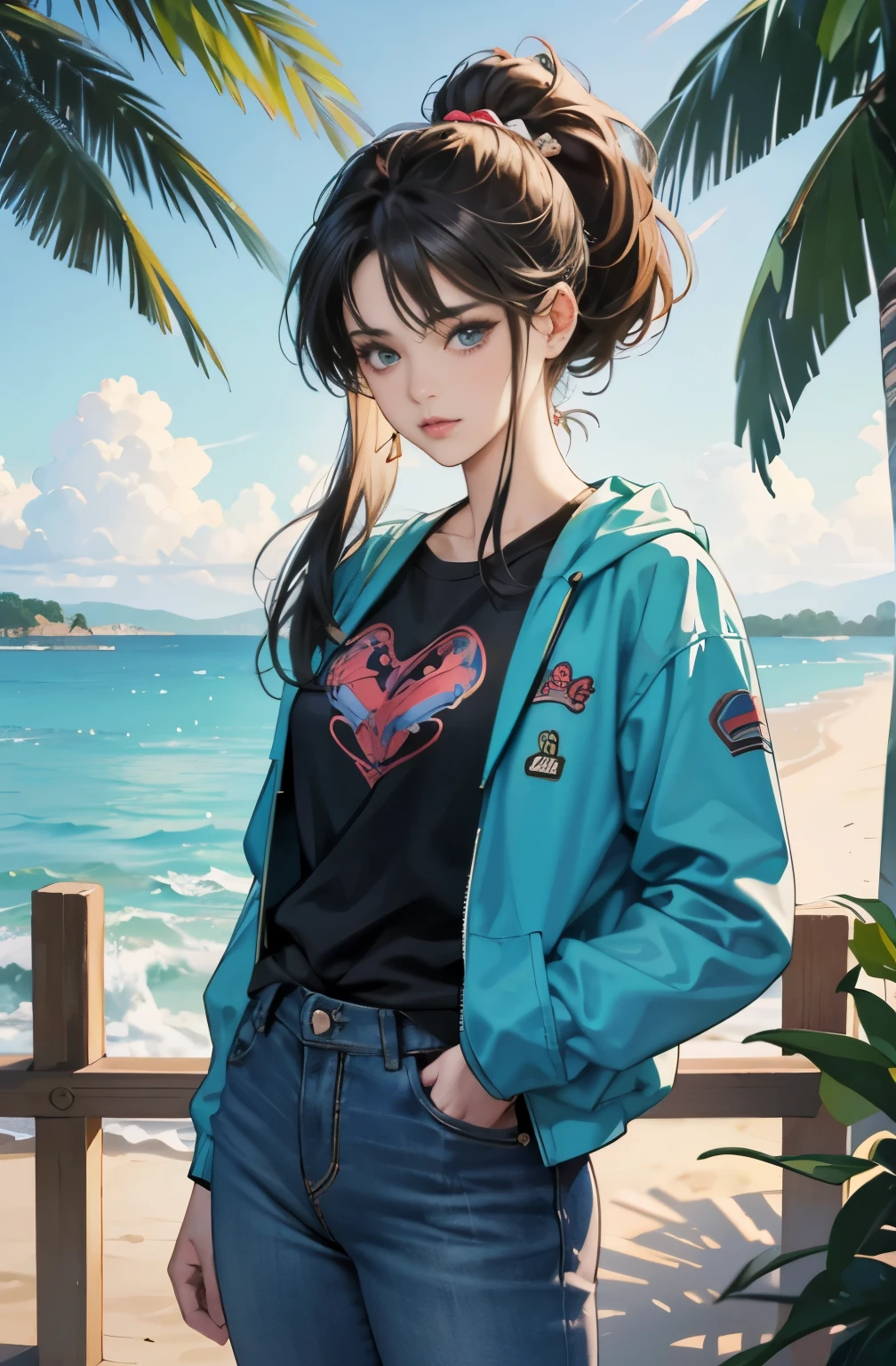 Beautiful woman with long black ponytail, Anime drawing by Yang J, pixiv, serial art, anime style 4 k, anime style. 8K, Gwaites style artwork, Realistic anime 3d style, anime style illustration, high quality anime art style, digital anime illustration, realistic anime art style, anime art style, very colorful, pop feel, in.s. west coast, summer image, coconut tree, seaside, Adult woman around 27 years old, Very sophisticated, It will be, wearing a colorful jacket, black jeans, tall model body shape, Lofty dream, mysterious, cool beauty, fashion role model, it will happen, Anime drawing by Yang J, Trending at Art station, realism, extremely detailed The germ of art, Realistic anime 3D style, anime style 4 k, モデルまin | The germ of art, anime style. 8K, casual clothes, realistic anime art style, style The germ of art, sharp outline, highest quality, perfect angle, perfect composition, The perfect subject, best shot, official art,CD jacket, 80s city pop, very stylish