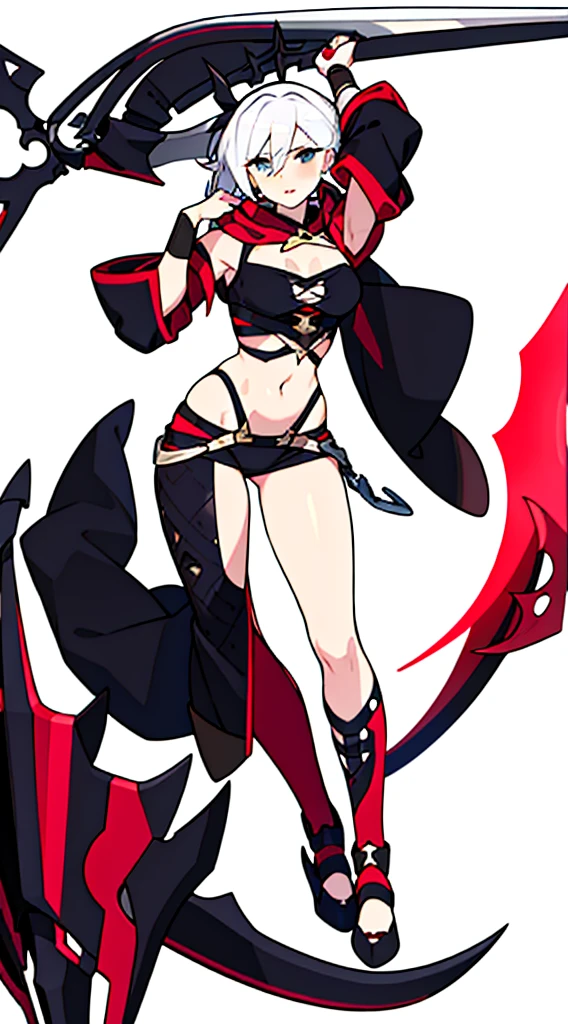 stand posture, cute eyes, 1girl, solo, high fantasy costume, ((white background)), full body, holding weapon, crop top, character design, vivid color,