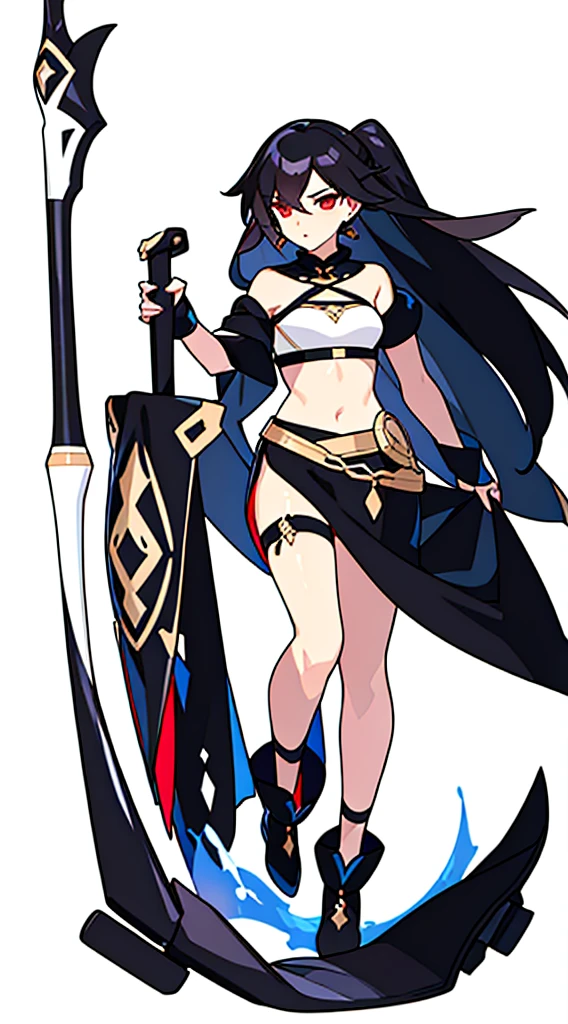 scythe, bare legs, bustier, (((white background))), standing, fantasy clothes, midriff,