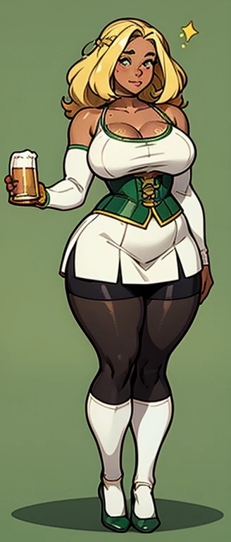 irisA, freckles, beautiful, masterpiece, st-patricks day, full body image, cel shaded, black outlines, holding beer jug, hourglass figure, plump breasts, plump hips, plump thighs, irish, large eyes, curly hair, rounded hair, long hair, nose, thick eyelashes, bare shoulders, white 1800's top, golden necklace, white skirt, green waist length sleeveless sweater, green corset with yellow string, white socks, black ballet shoes, eggshell white high socks, white thigh high stockings, freckles