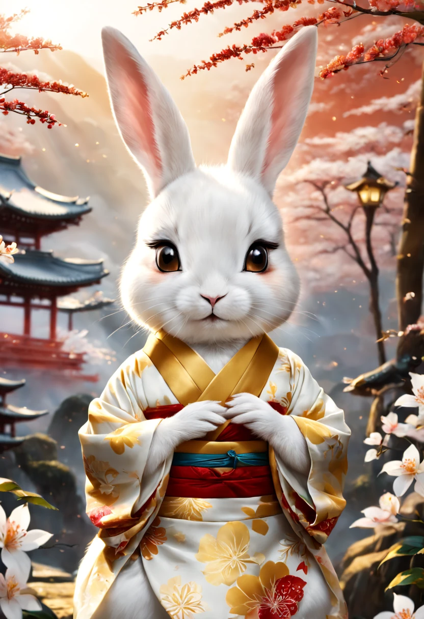 cute white rabbit image、wearing a kimono、thinking about something fun、brings happiness、The background is a golden world