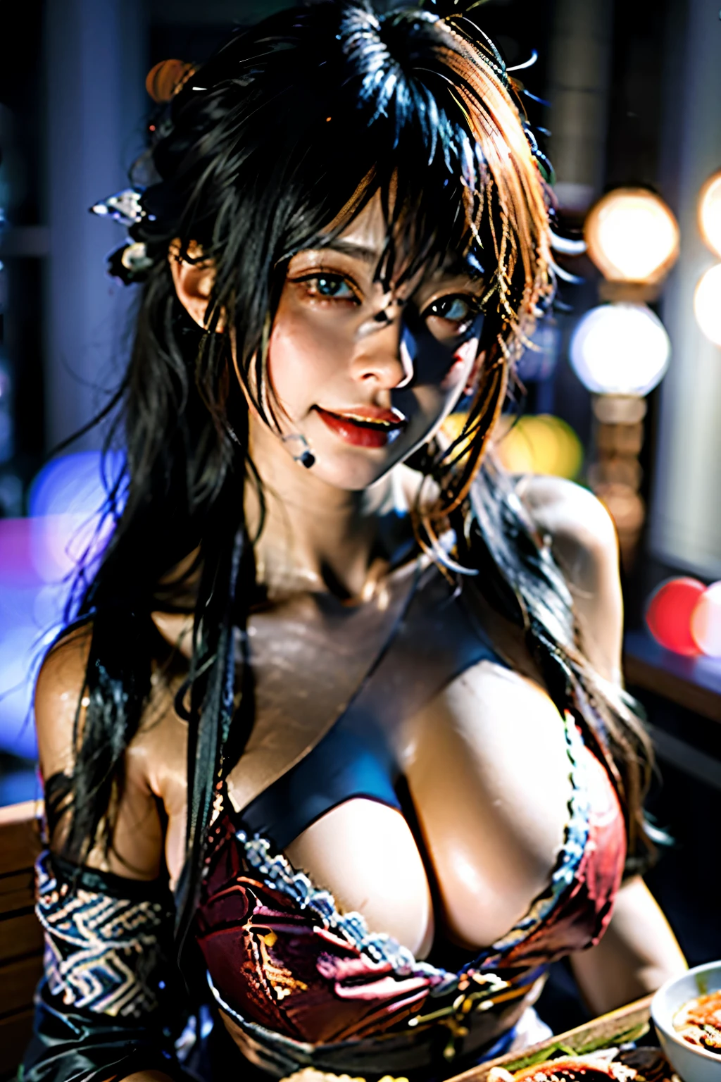 (masterpiece), best quality, ultra high res, bigtits, close up, slim body, 1girl,, long hair, laughing, ramen, night, Tokyo restaurant background, colorful lights, photon mapping, radiosity, physically-based rendering, cinematic lighting, intricate, High Detail, Sharp focus, dramatic, photorealistic
