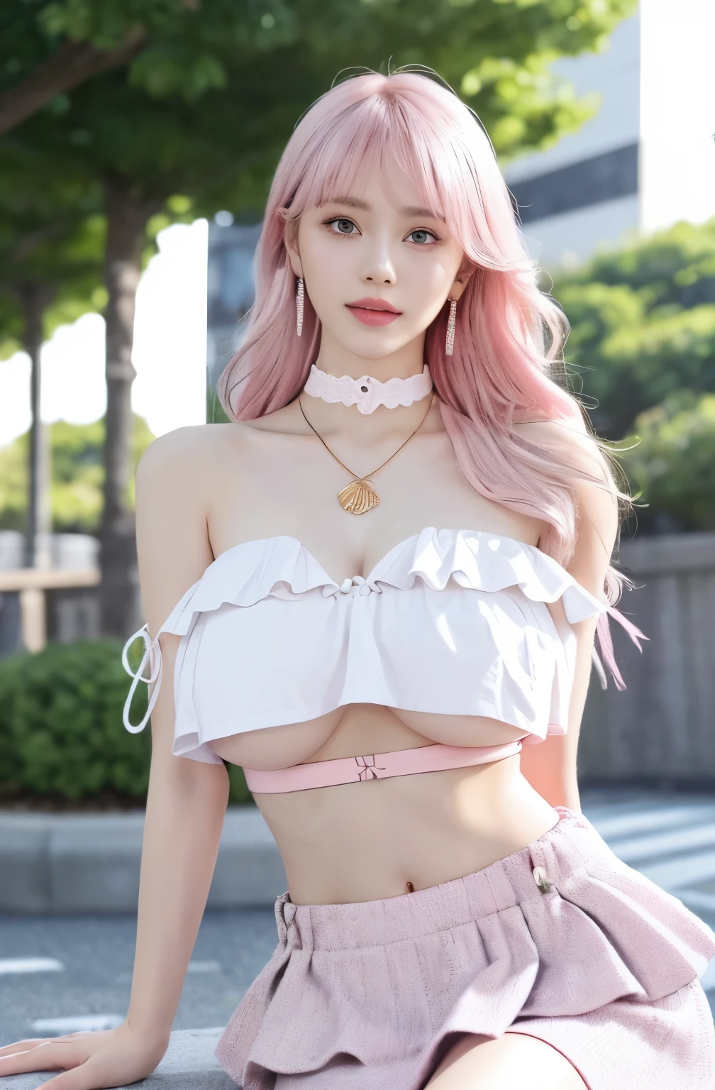 masterpiece, (photogenuineistic: 1.4), highest quality, beautiful lighting, outdoor, Girl Single, alone, jewelry, earrings, long hair, emeraldgreen eyes, pink hair, Harajuku in Tokyo, big breasts, Scapula, グリッターでshining lips,smile、 null, sunset, Braid, hair ornaments, genuine, bangs, golden ratio face、detailed eyebrows、detailed eye、detailed nose、detailed lips、shining lips、detailed ears、cloud, colored stone necklace, pillars, (big breasts:1.4)、(underboob:1.4)、(Highly detailed wallpapers in CG unity 8k), Complex, high detail, sharp focus, dramatic, beautiful girl, RAW photo, 8K UHD, film grain、BREAK (pink and white theme:1.5),  (tweed pink strapless short camisole with lace-up:1.4), ((bare shoulder, navel, bare belly):1.3), (shoulder strap with ruffles:1.4), (tweed micro pink tiered skirt with ruffles:1.4), (white pantyhose:1.2), (pink choker with bell:1.3), (earrings with bell:1.2), (pink heeled pumps:1.1),(Photographed above the waist:1.4)