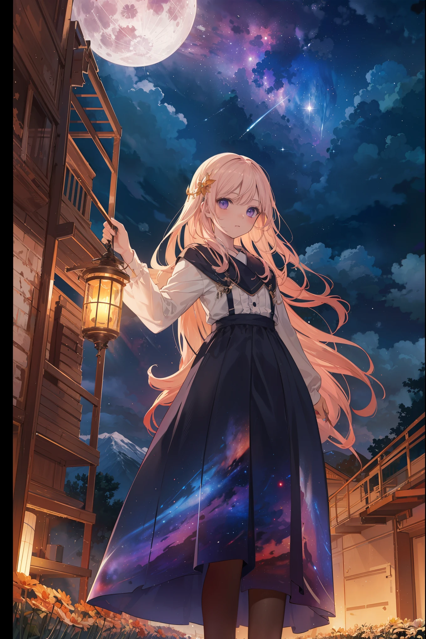 キャラクターにスポットをあてたイラスト、expansive landscape photograph , (a view from below that shows sky above and open field below), a girl standing on flower field looking up, (full moon:1.2), ( shooting stars:0.9), (nebula:1.3), distant mountain, tree BREAK
production art, (warm light source:1.2), (Firefly:1.2), lamp, lot of purple and orange, intricate details, volumetric lighting, realism BREAK
(masterpiece:1.2), (best quality), 4k, ultra-detailed, (dynamic composition:1.4), highly detailed, colorful details,( iridescent colors:1.2), (glowing lighting, atmospheric lighting), dreamy, magical, (solo:1.2)