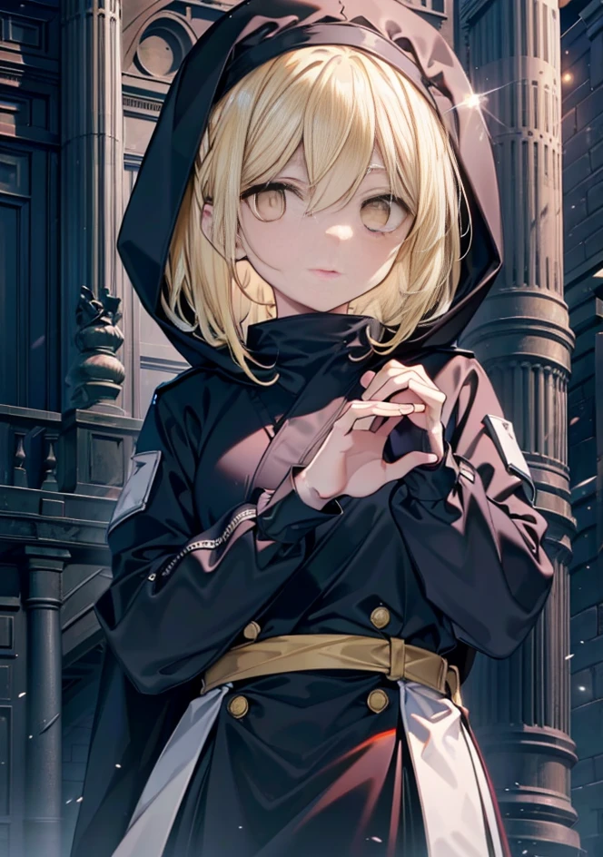 Eiswallenstein, Behind Wallenstein, blonde hair, hair between eyes, hair band, long hair, tying back hair,(yellow eyes:1.5), black ninja uniform,ninja,wearing a hood,medieval european style building,Looking down from the rooftop,break (masterpiece:1.2), highest quality, High resolution, unity 8k wallpaper, (figure:0.8), (beautiful and fine eyes:1.6), highly detailed face, perfect lighting, Very detailed CG, (perfect hands, perfect anatomy),