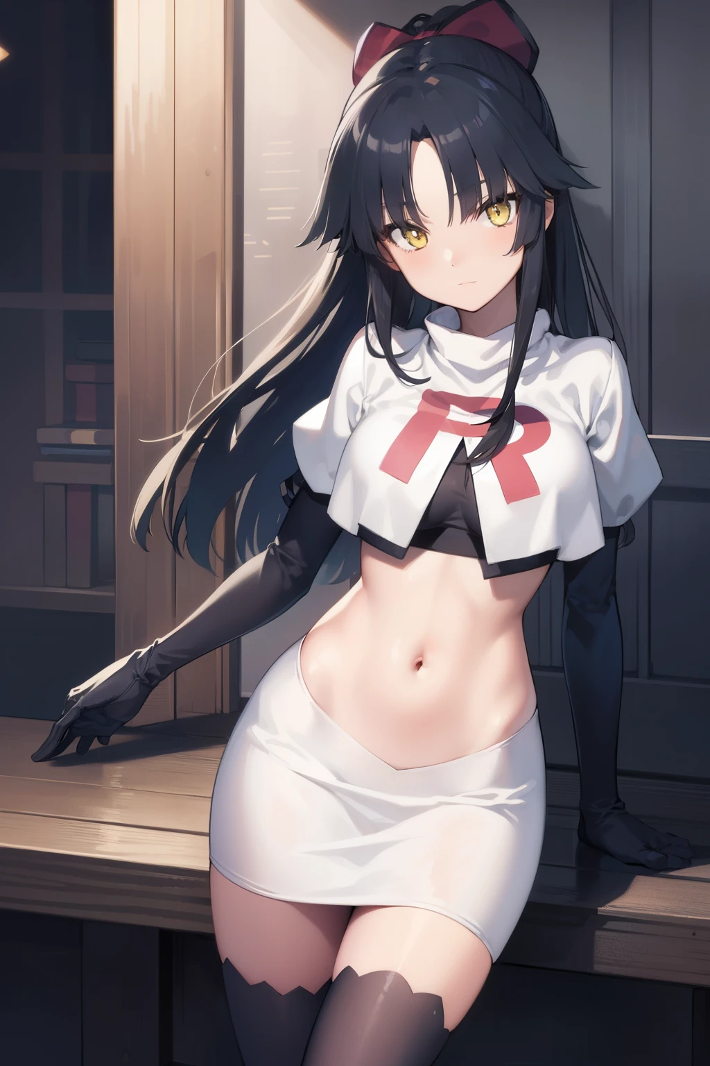 danzoukatou, danzou katou, android, black hair, long hair, ponytail, (yellow eyes:1.5),
BREAK team rocket,team rocket uniform,white skirt,red letter R,crop top,black thigh-highs,black elbow gloves,
BREAK looking at viewer,
BREAK (masterpiece:1.2), best quality, high resolution, unity 8k wallpaper, (illustration:0.8), (beautiful detailed eyes:1.6), extremely detailed face, perfect lighting, extremely detailed CG, (perfect hands, perfect anatomy),