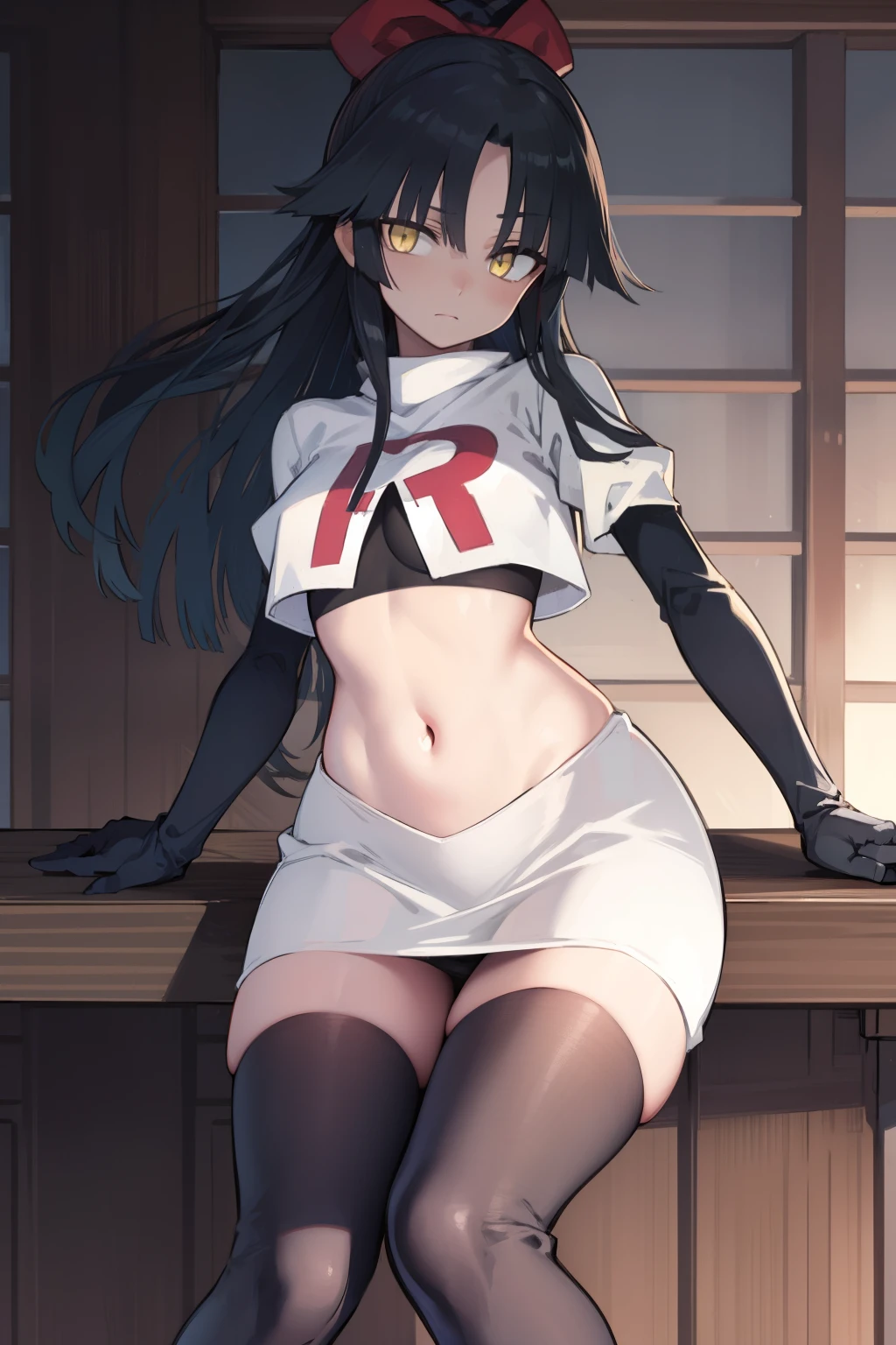 danzoukatou, danzou katou, android, black hair, long hair, ponytail, (yellow eyes:1.5),
BREAK team rocket,team rocket uniform,white skirt,red letter R,crop top,black thigh-highs,black elbow gloves,
BREAK looking at viewer,
BREAK (masterpiece:1.2), best quality, high resolution, unity 8k wallpaper, (illustration:0.8), (beautiful detailed eyes:1.6), extremely detailed face, perfect lighting, extremely detailed CG, (perfect hands, perfect anatomy),