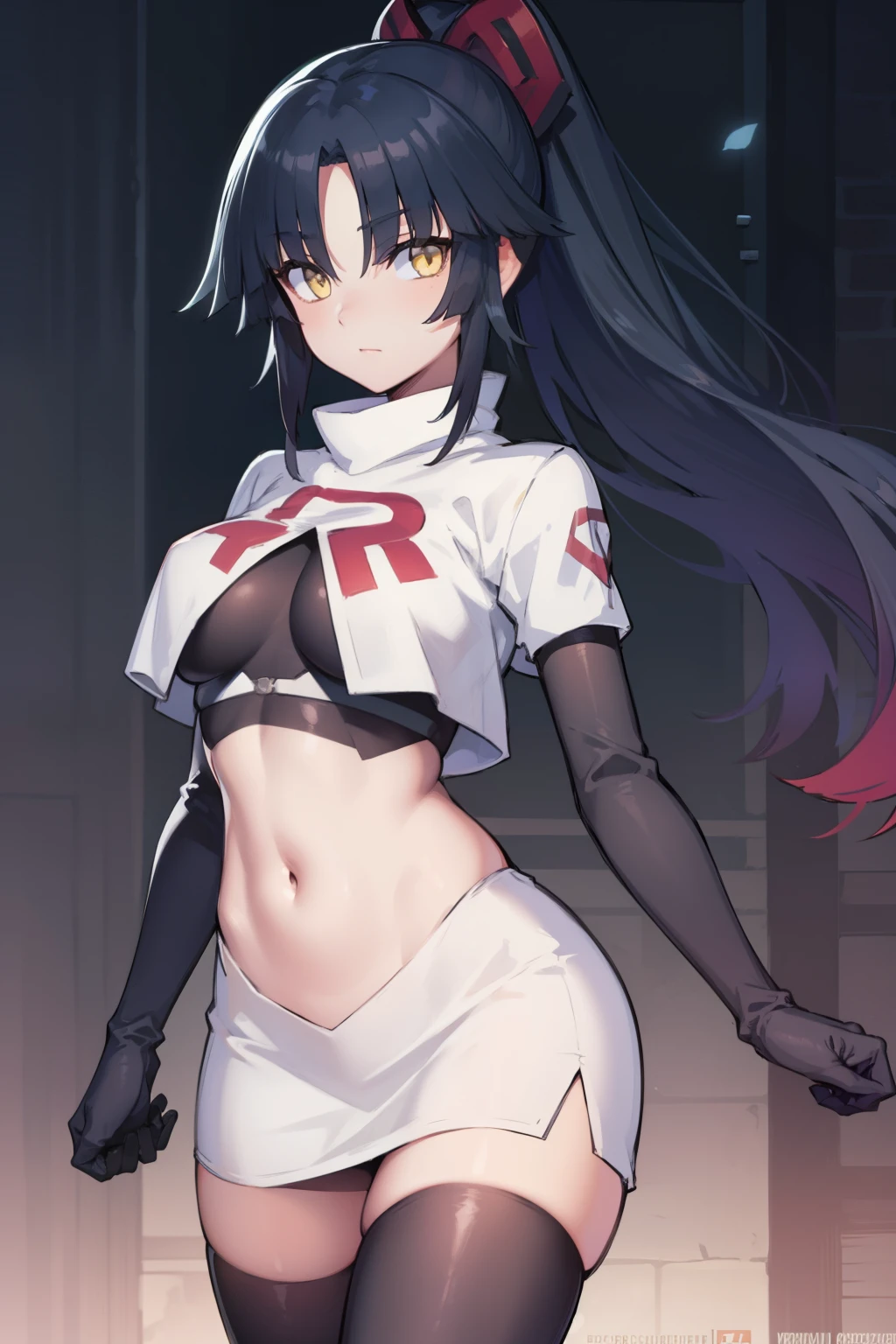 danzoukatou, danzou katou, android, black hair, long hair, ponytail, (yellow eyes:1.5),
BREAK team rocket,team rocket uniform,white skirt,red letter R,crop top,black thigh-highs,black elbow gloves, 
BREAK looking at viewer,
BREAK (masterpiece:1.2), best quality, high resolution, unity 8k wallpaper, (illustration:0.8), (beautiful detailed eyes:1.6), extremely detailed face, perfect lighting, extremely detailed CG, (perfect hands, perfect anatomy),