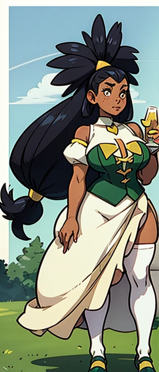 irisA, freckles, beautiful, masterpiece, st-patricks day, full body image, cel shaded, black outlines, holding beer jug, hourglass figure, plump breasts, plump hips, plump thighs, large eyes, curly hair, rounded hair, long hair, nose, thick eyelashes, bare shoulders, white 1800's top, golden necklace, white skirt, green waist length sleeveless sweater, green corset with yellow string, white socks, black ballet shoes, eggshell white high socks, white thigh high stockings, freckles