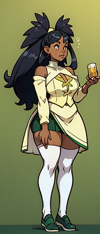 irisA, freckles, beautiful, masterpiece, st-patricks day, full body image, cel shaded, black outlines, holding beer jug, hourglass figure, plump breasts, plump hips, plump thighs, large eyes, curly hair, rounded hair, long hair, nose, thick eyelashes, bare shoulders, white 1800's top, golden necklace, white skirt, green waist length sleeveless sweater, green corset with yellow string, white socks, black ballet shoes, eggshell white high socks, white thigh high stockings, freckles