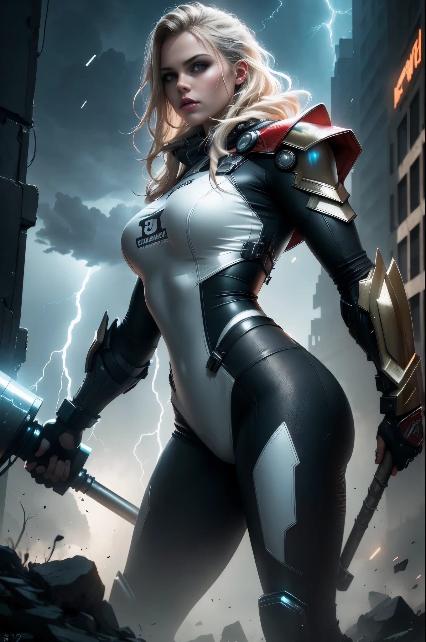 (Photorealistic:1.4) image of a cyber punk Teagan Presley (holding a huge hammer like it was Thor's) (top-quality, 8K, 32K, masterpiece), (dynamic pose), ((facing camera)), (looking at camera), cowboy shot, shapeless hair, white cyberpunk swinsuit armored clothing, depth of field f/1.8, cyberpunk city background, cinematic lighting. lightning and thunder falling from the sky, 8k masterpiece high quality