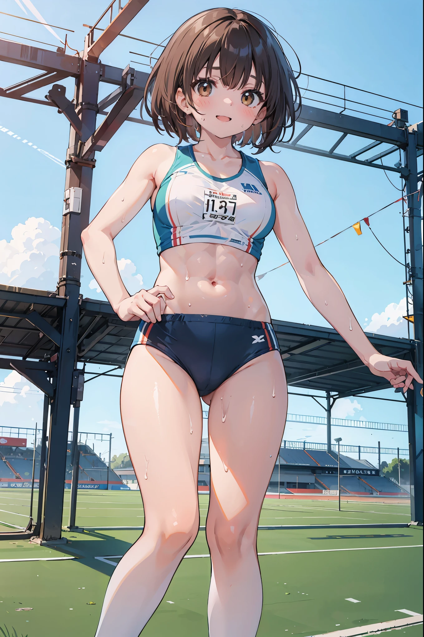 zydG, 1girls, Front view, stand, looking the viewer, exposed skin, (from below),brown-eyed, (brown veryshort hair:1.2), (light hair), (medium breasts:1.4), smile with white teeth, (photorealestic:1.4), (Top image quality:1.0), (UltraHighResolution:1.0), 8K, Raw photography, (A masterpice:0.2), track and field uniforms, show abs, (sweat, wetty:1.1), portlate, facefocus, ful body,(pureerosface_v1:0.5), outdoor, track and field,