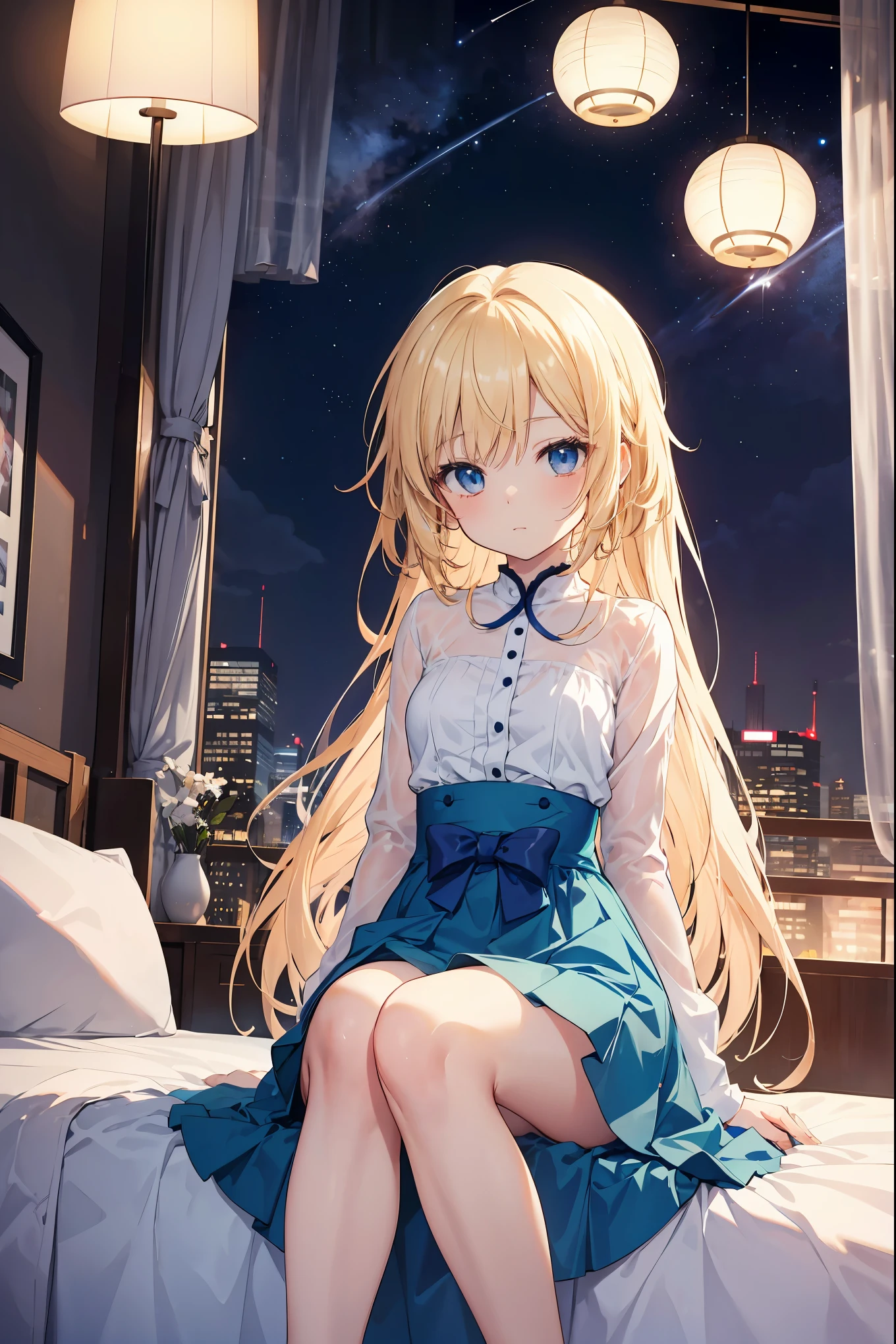 Highly detailed CG integrated 8k wallpaper、very fine 8KCG wallpaper、absurd、、highest quality、super detailed、beautiful face、Anime girl sitting on bed in blue dress and white shirt, splash art anime loli, long hair blonde anime girl, anime style like fate, Anime visuals of cute girls, Cute anime wife in a nice dress, in a dress, anime best girl, Small curves , anime moe art style、The stars are full of twinkles