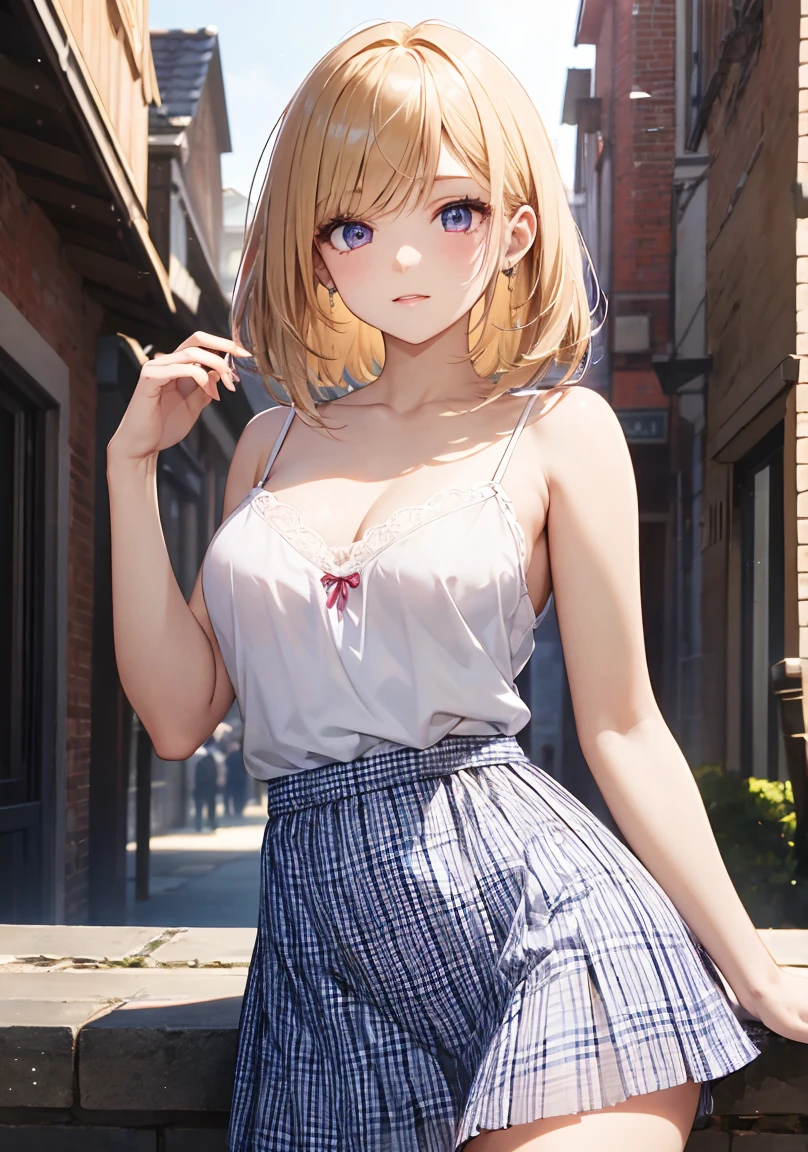 masterpiece, absurdres, best quality, ultra detailed, high Resolution, detailed illustration, extremely beautiful detailed face and eyes, Delicate beautiful face, bright colour, 1girl, cute face, magenta eyes, sparkling eyes, big eyes, medium breasts, (perky breasts:1.1), (pointy breasts:1.1), medium hips, glamorous body, white skin, happy, BREAK, long bob cut, (blonde hair:0.8), messy hair, detailed hair, shiny hair, BREAK camisole, gingham check skirt, tiny ribbon, real world, natural lights, perfect lighting, outdoor,