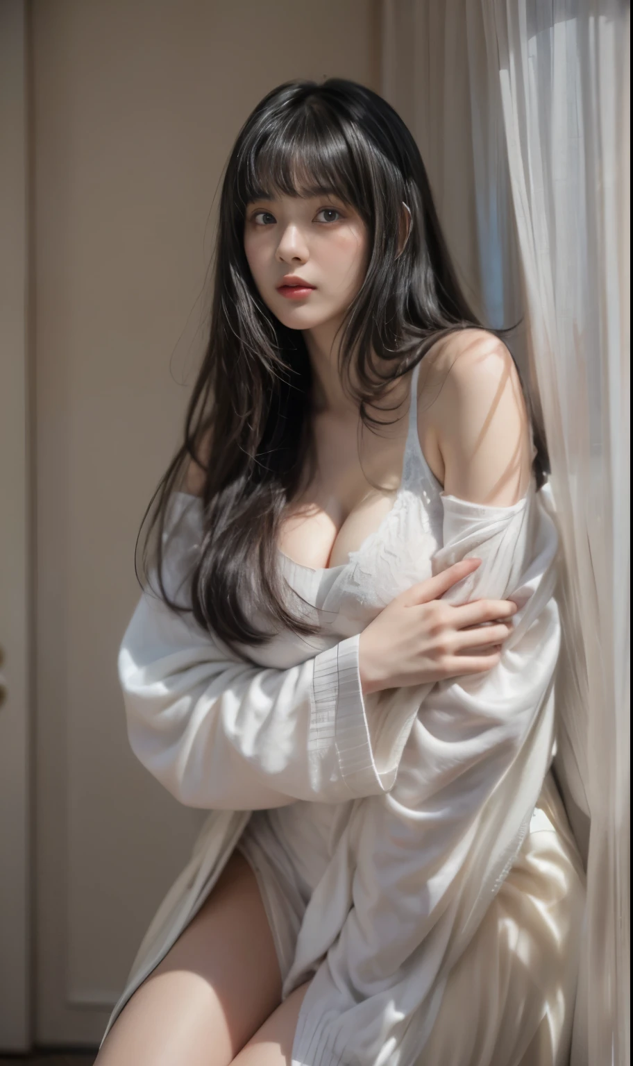 masterpiece、8K、32K、highest quality、(Detailed both eyes)、(cute japanese woman、bangs:1.3)、23 years old、1 girl、elegant、black hair、(oraloid photo:1.4)、(huge breast cleavage:1.3)、Sexy Gravure