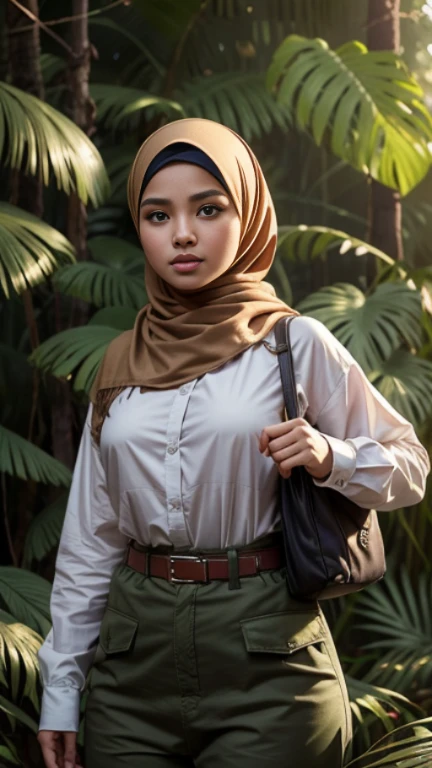 RAW, Best quality, high resolution, masterpiece: 1.3), beautiful Malay woman in hijab (iu:0.8),Best quality, high resolution, Masterpiece: 1.3, Beautiful  hijabi malay girl, Masterpiece, Soft smile, Realistic, 1girl, charming eyes, glowing eyes,parted lips, big breast, Beautiful adult woman in hijap, full-length, beautiful figure, aesthetics of the female body, savage from the islands, hunter of mysterious creatures, observing the creature, in ambush, studying the creature found, in ranger clothes, with a large backpack, detailed clothes, many pockets, many belts, everything is hung with gadgets, catches small mysterious creatures, hunts small creatures, mysterious forest, beautiful forest, nature surrounded by flowers,  tender leaves and branches surrounded by fireflies (natural elements), (jungle theme), (leaves), (branches), (fireflies), (particle effects), etc.3D Octane rendering, ray tracing, super detailing viewer, closeup