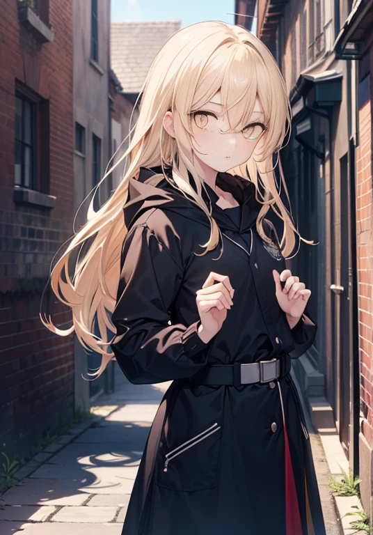 Eiswallenstein, Behind Wallenstein, blonde hair, hair between eyes, hair band, long hair, tying back hair,(yellow eyes:1.5), black ninja uniform,ninja,wearing a hood,medieval european style building,serious face,hiding in an alley,break (masterpiece:1.2), highest quality, High resolution, unity 8k wallpaper, (figure:0.8), (beautiful and fine eyes:1.6), highly detailed face, perfect lighting, Very detailed CG, (perfect hands, perfect anatomy),
