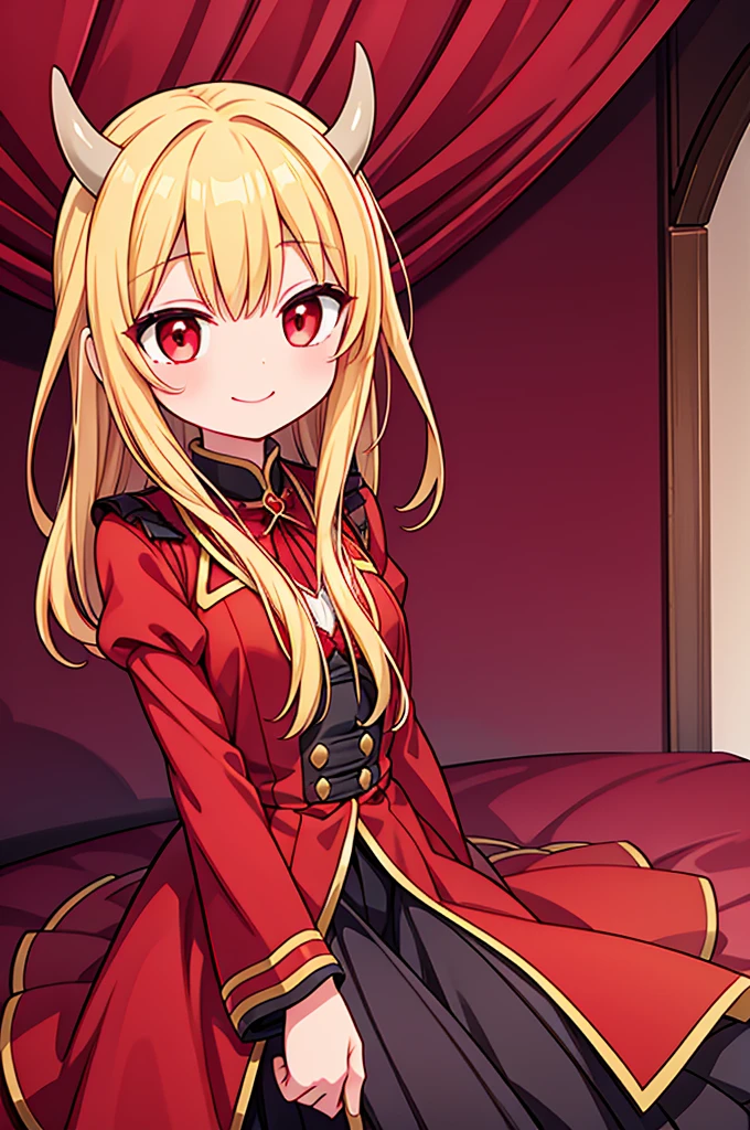 A female demon,blonde,red eyes,Open your mouth and smile,Loose hair,The background is an inn,Wearing a red suit