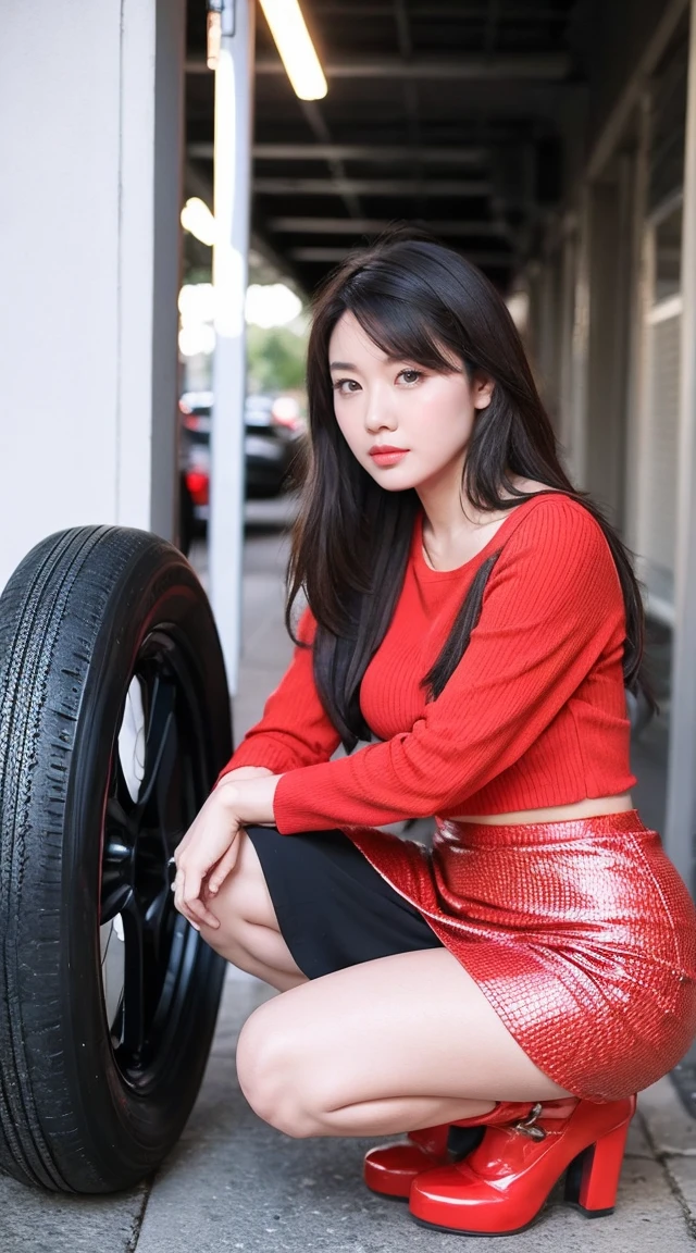 detailed,clear lines,best quality, master piece,Bright and dark light、Canon Photo Crystal Clear ,（realistically:1.2）, (red casual mini skirt dress)、Flat tire、squatting next to the tire、Take a full body photo、((Sad face))、Glamour body type、medium long hair、