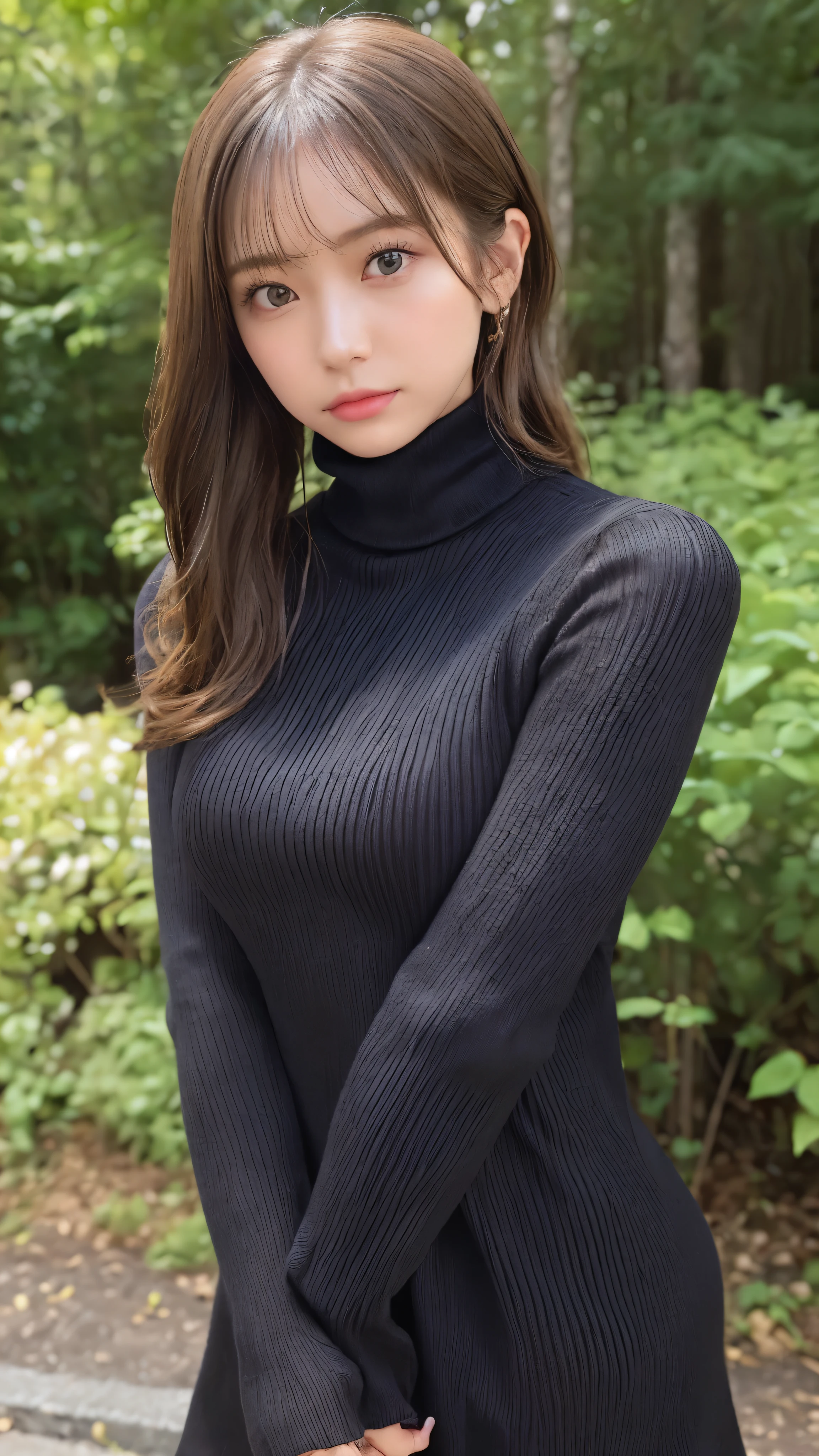 (masterpiece:1.5)、(realistic:1.5)、(highest quality:1.4、8K、RAW photo)、
ultra high resolution、professional lighting、perfect dynamic composition、Shooting outdoors、
film grain、chromatic aberration、(Bokeh:1.1)、
Frank、Sophisticated、charm、超realistic、high detail、golden ratio、
(1 girl)、slender girl、繊細でcharm女の子、cute woman:1.4、
serious expression、looking at the viewer、various poses、
light brown hair、shining hair、Hair style is ponytail、
skin that looks real、
close your mouth、fine eyes、double eyelid、thin arms、、
(She is wearing a black turtleneck ribbed sweater dress.:1.3)
