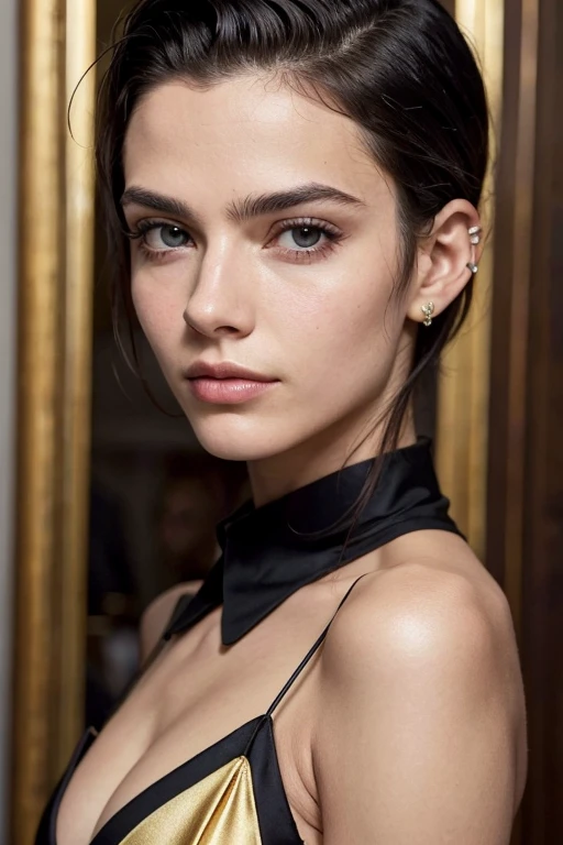 Retrato da europeia,Sozinho,20 anos,Rosto bonito,Corpo do uppser,cabelo sobre um olho,medium sidecut, cabelo loiro, sharp focus,black business suit
