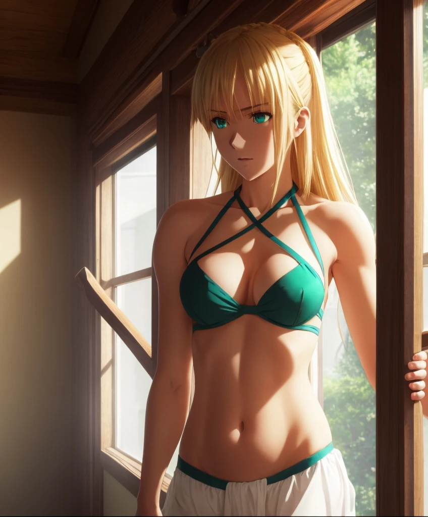 1girl,masterpiece, best quality, high resolution, green eyes, blue criss-cross halter, criss-cross halter, , nice , pretty, blonde hair, blonde, ahoge bedroom, room, 