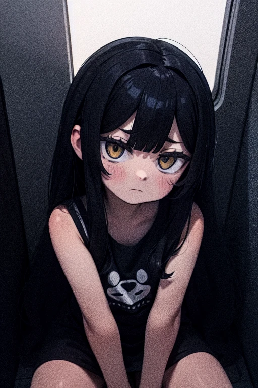 expressionless sad girl black hair yellow eyes extremely long hair