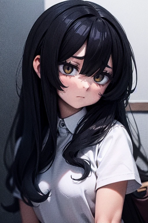 expressionless sad girl black hair yellow eyes extremely long hair