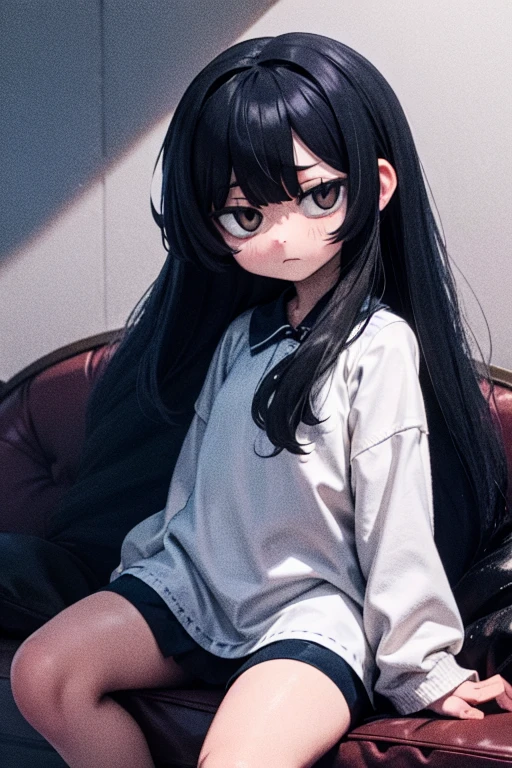 expressionless sad girl black hair yellow eyes extremely long hair