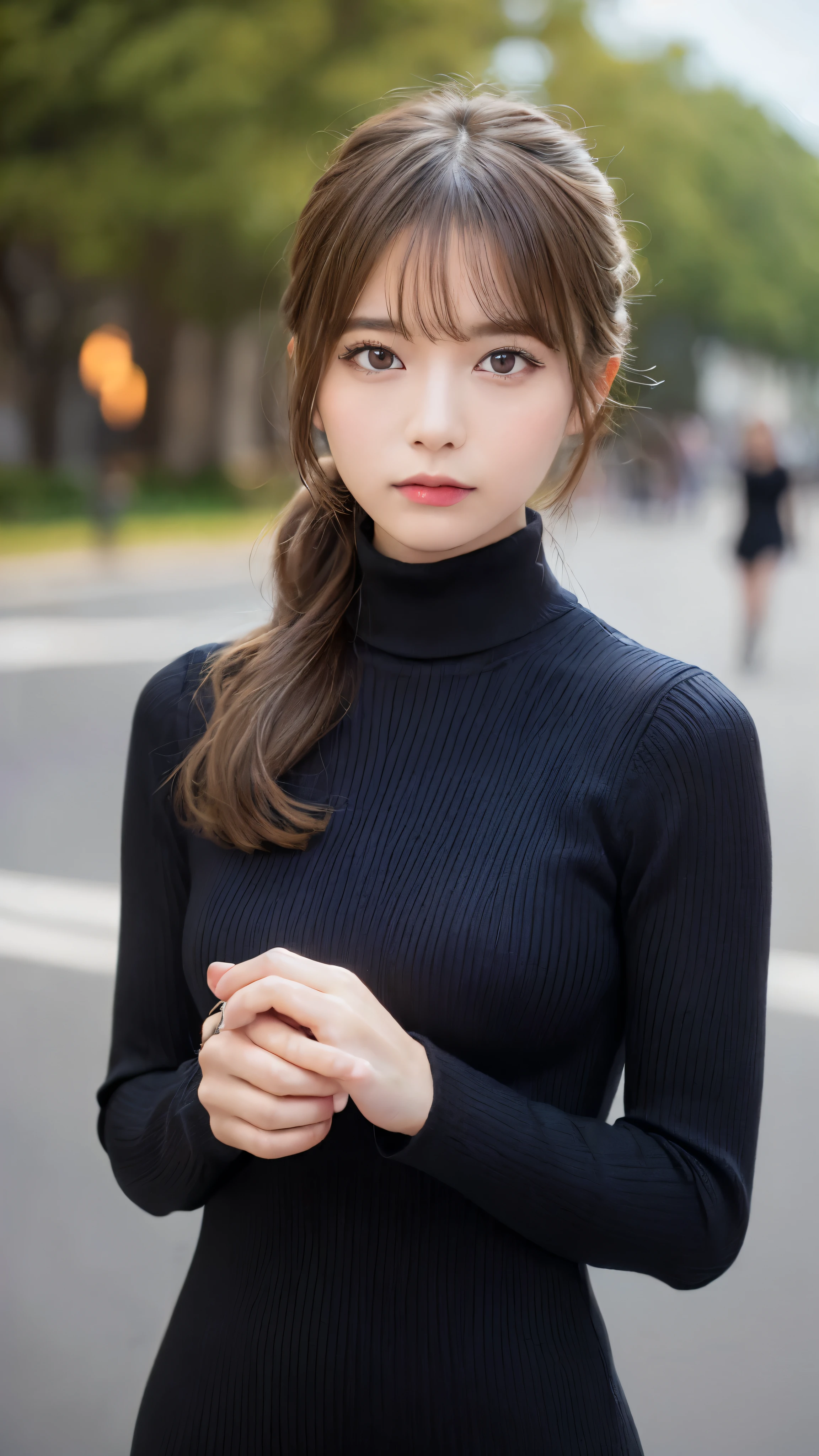 (masterpiece:1.5)、(realistic:1.5)、(highest quality:1.4、8K、RAW photo)、
ultra high resolution、professional lighting、perfect dynamic composition、Shooting outdoors、
film grain、chromatic aberration、(Bokeh:1.1)、
Frank、Sophisticated、charm、超realistic、high detail、golden ratio、
(1 girl)、slender girl、繊細でcharm女の子、cute woman:1.4、
serious expression、looking at the viewer、various poses、
light brown hair、shining hair、Hair style is ponytail、
skin that looks real、
close your mouth、fine eyes、double eyelid、thin arms、、
(She is wearing a black turtleneck ribbed sweater dress.:1.3)