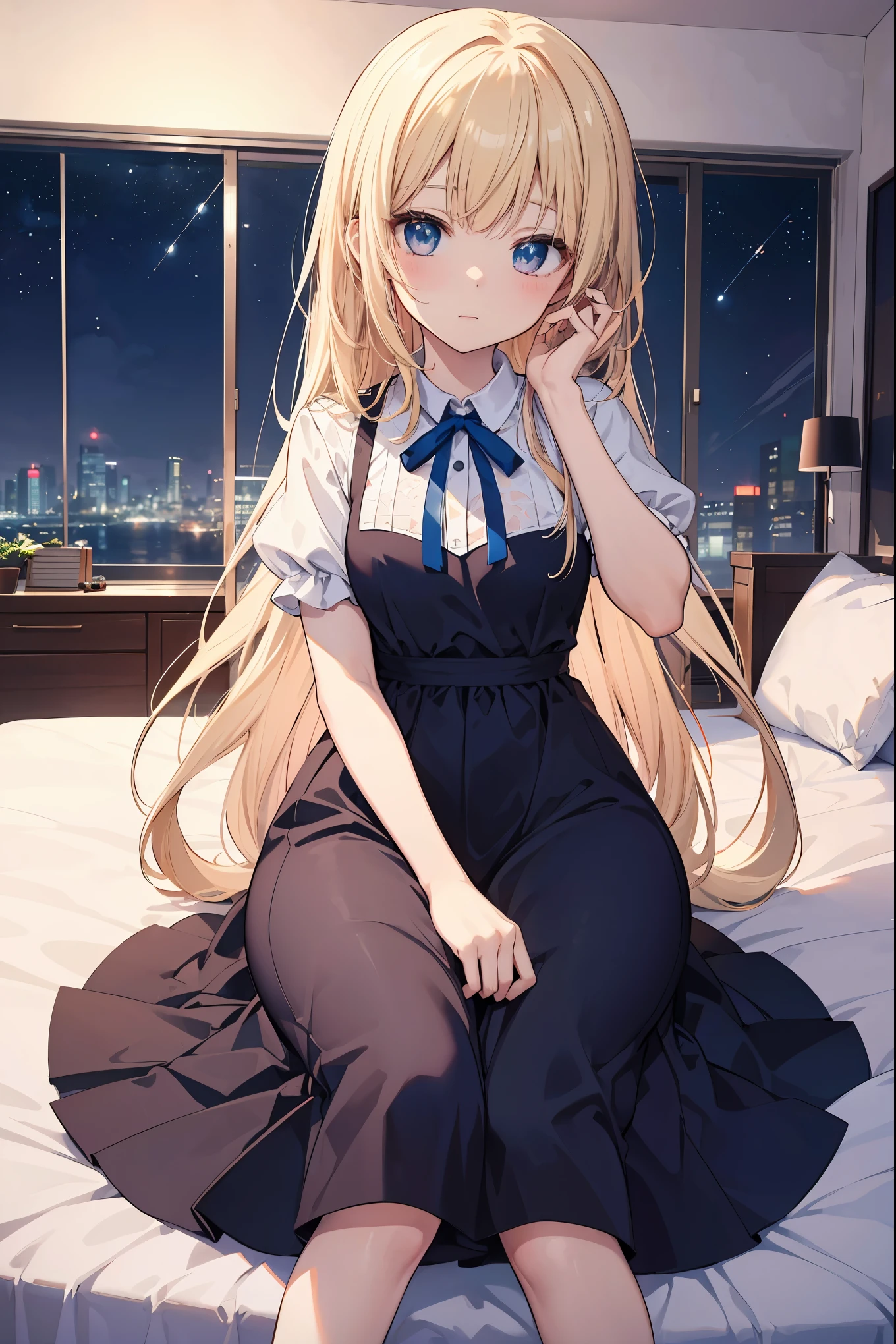 Highly detailed CG integrated 8k wallpaper、very fine 8KCG wallpaper、absurd、、highest quality、super detailed、beautiful face、Anime girl sitting on bed in blue dress and white shirt, splash art anime loli, long hair blonde anime girl, anime style like fate, Anime visuals of cute girls, Cute anime wife in a nice dress,  in a dress, anime best girl, Small curves , anime moe art style、The stars are full of twinkles