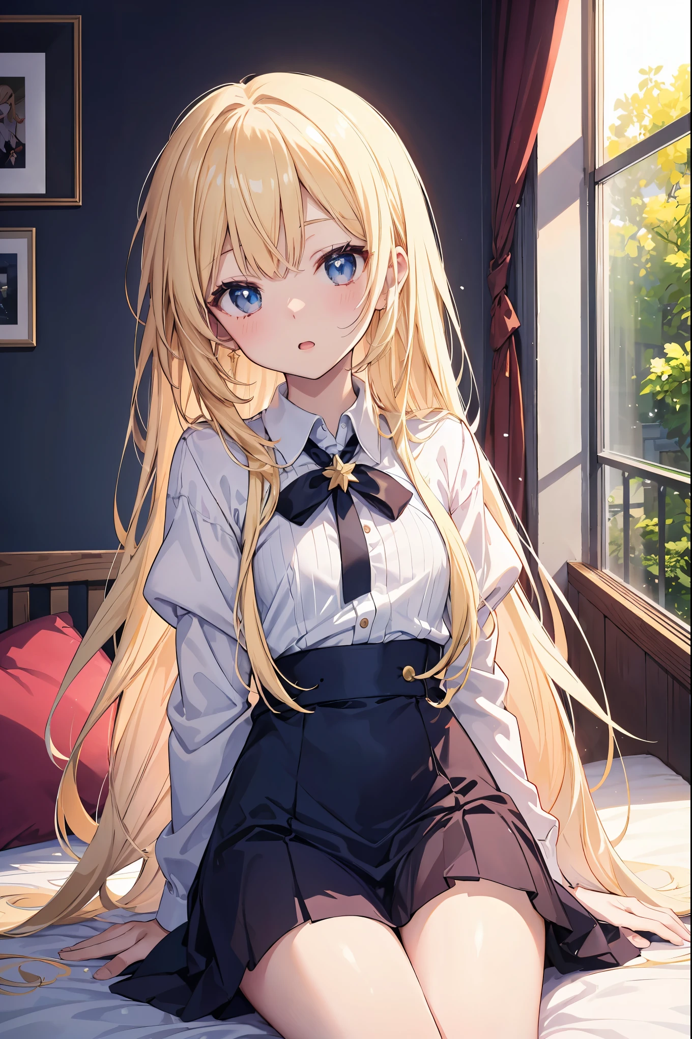 Highly detailed CG integrated 8k wallpaper、very fine 8KCG wallpaper、absurd、、highest quality、super detailed、beautiful face、Anime girl sitting on bed in blue dress and white shirt, splash art anime , long hair blonde anime girl, anime style like fate, Anime visuals of cute girls, Cute anime wife in a nice dress, in a dress, anime best girl, Small curves , anime moe art style、The stars are full of twinkles