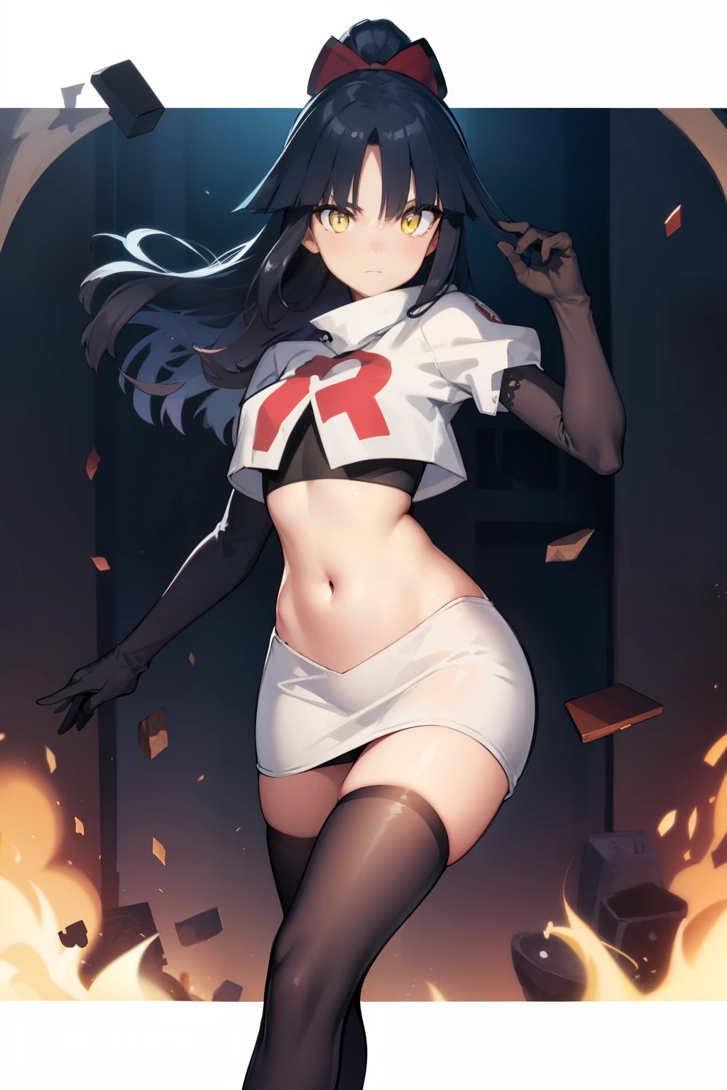 danzoukatou, danzou katou, android, black hair, long hair, ponytail, (yellow eyes:1.5),
BREAK team rocket,team rocket uniform,white skirt,red letter R,crop top,black thigh-highs,black elbow gloves,
BREAK looking at viewer,
BREAK (masterpiece:1.2), best quality, high resolution, unity 8k wallpaper, (illustration:0.8), (beautiful detailed eyes:1.6), extremely detailed face, perfect lighting, extremely detailed CG, (perfect hands, perfect anatomy),